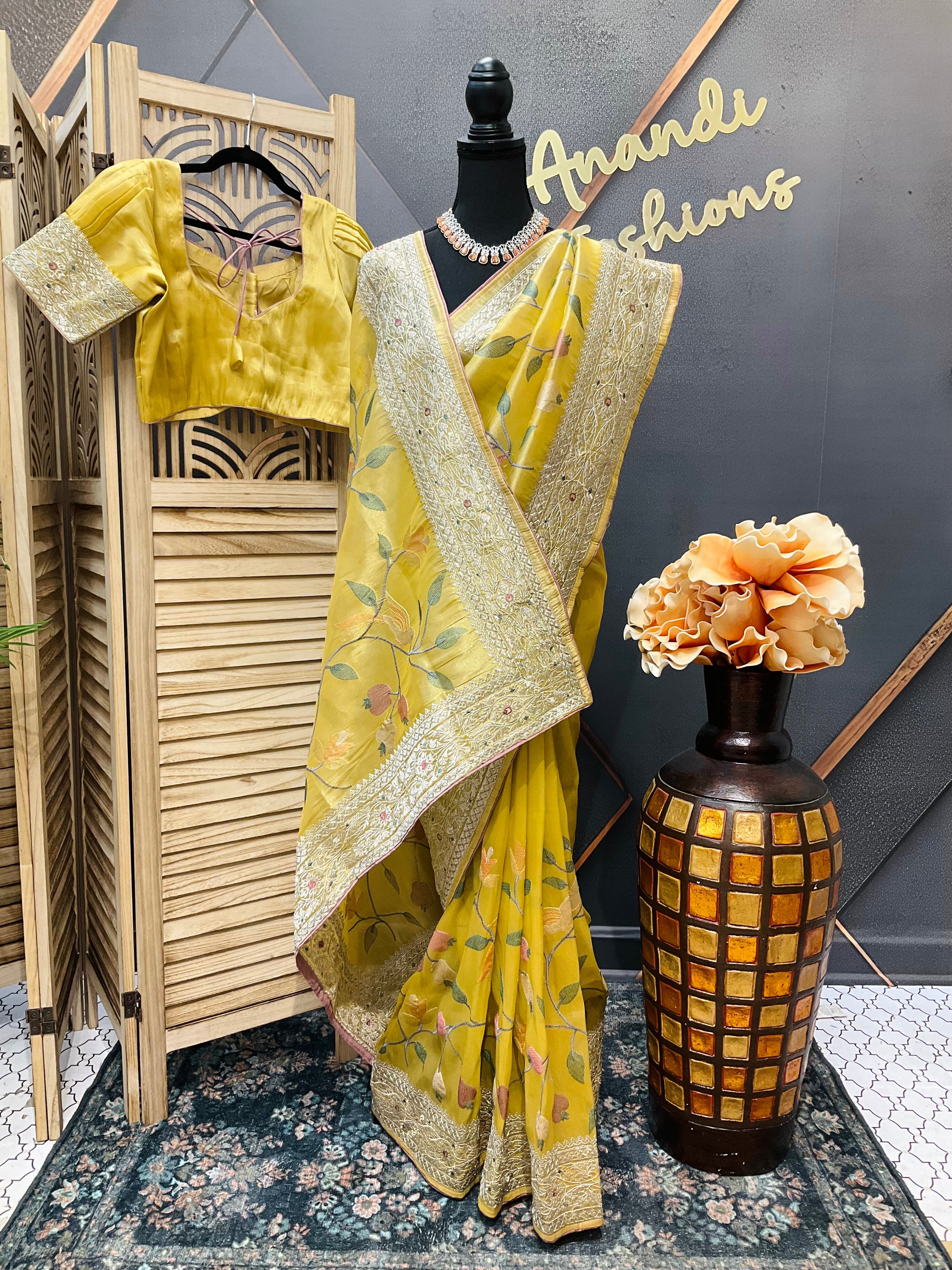 Oragnza Tissue Embroidery work  saree with Stitched blouse