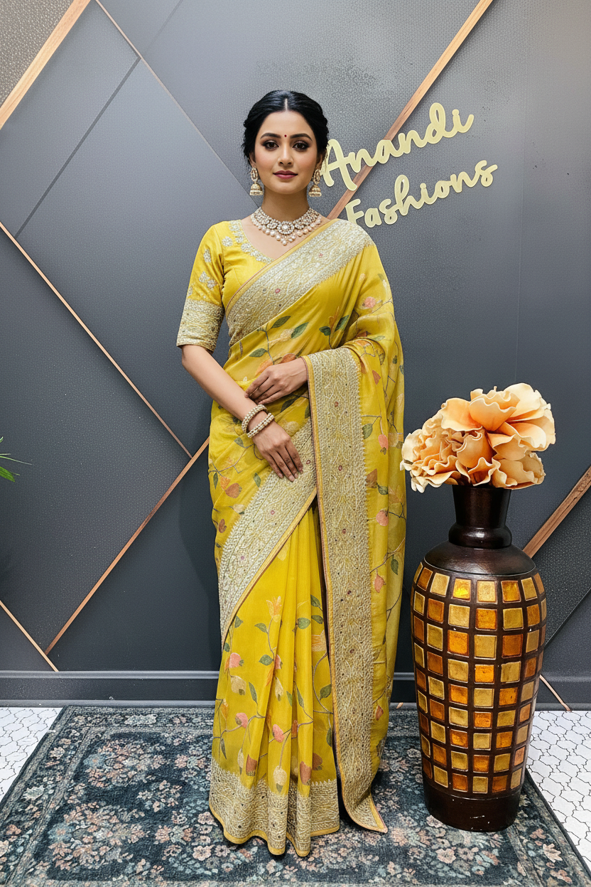 Oragnza Tissue Embroidery work  saree with Stitched blouse