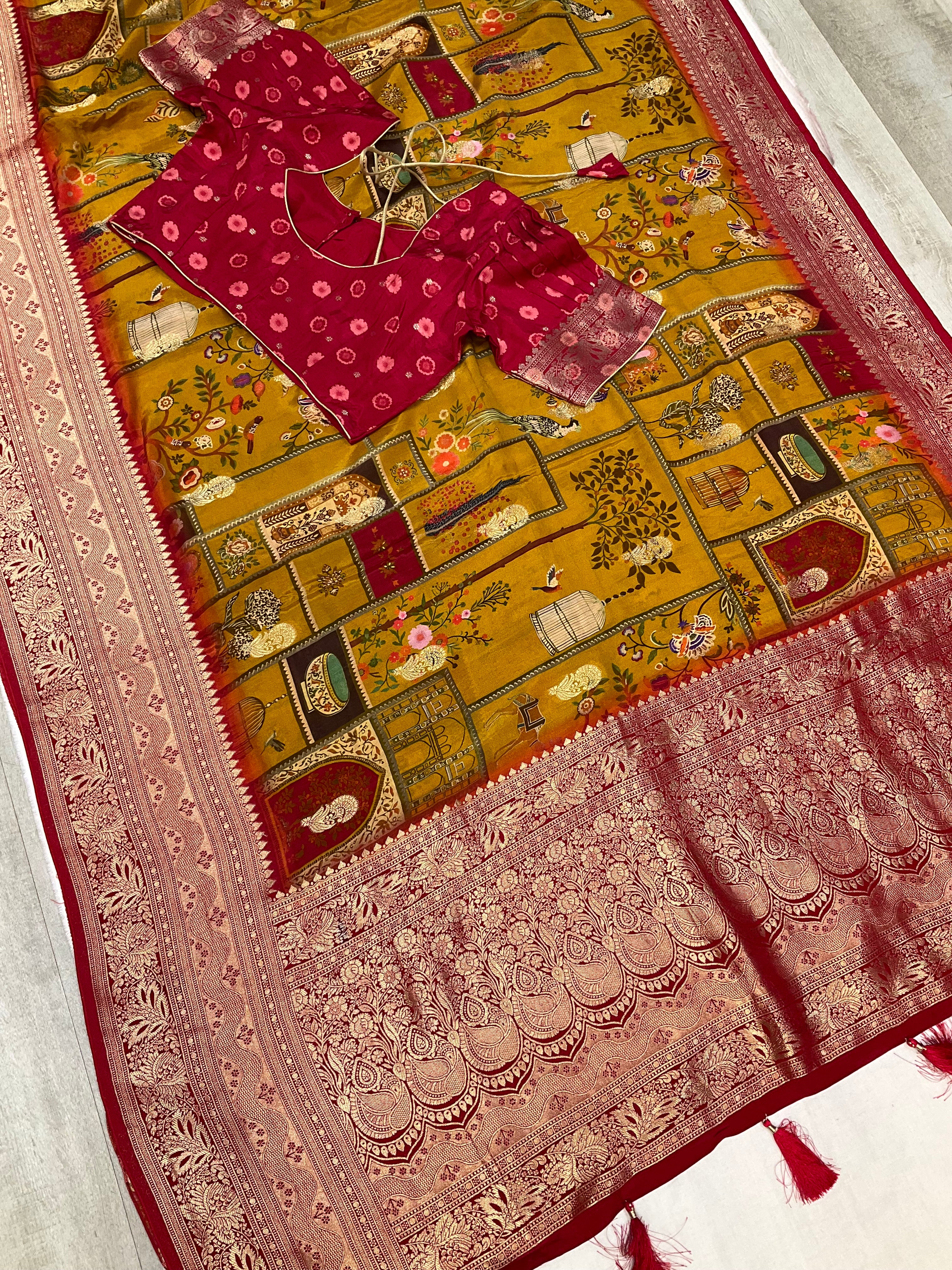 Unique Pattern - Mustard yellow Russian Silk saree  with Stitched Blouse - fall pico done