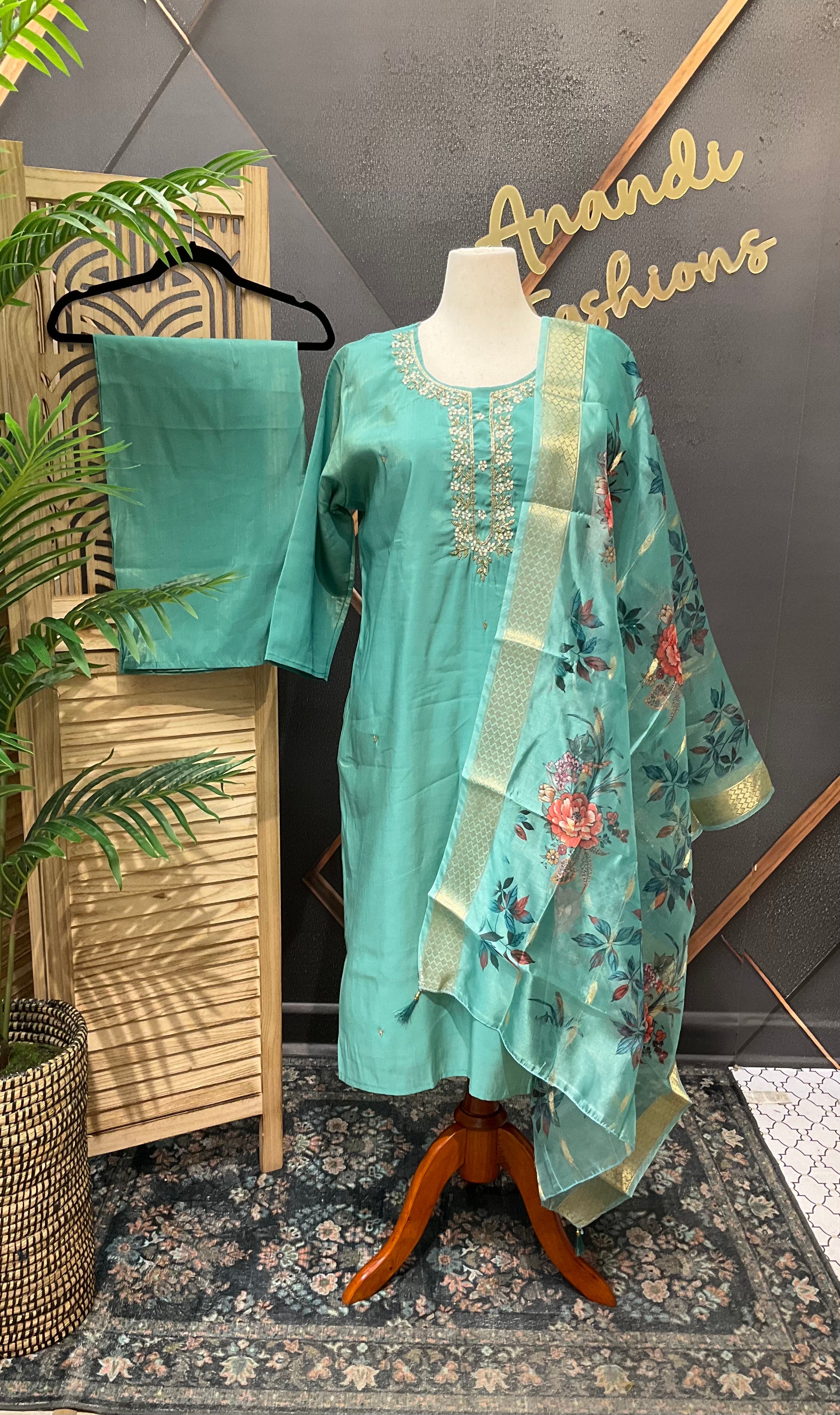 Plus Size - Aqua Green- Shimmery Tissue Party Wear Kurti Set