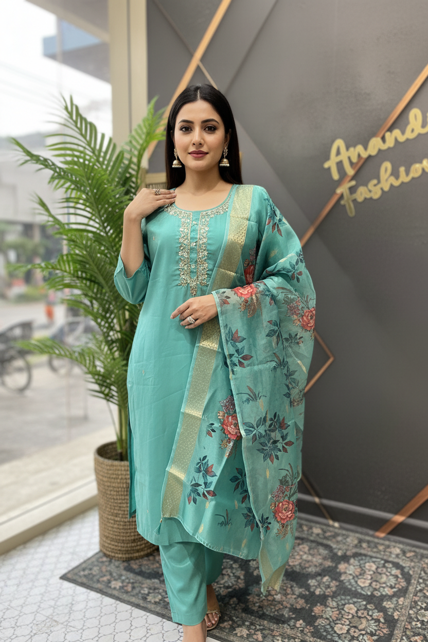 Size 52- Plus Size - Aqua Green- Shimmery Tissue Party Wear Kurti Set