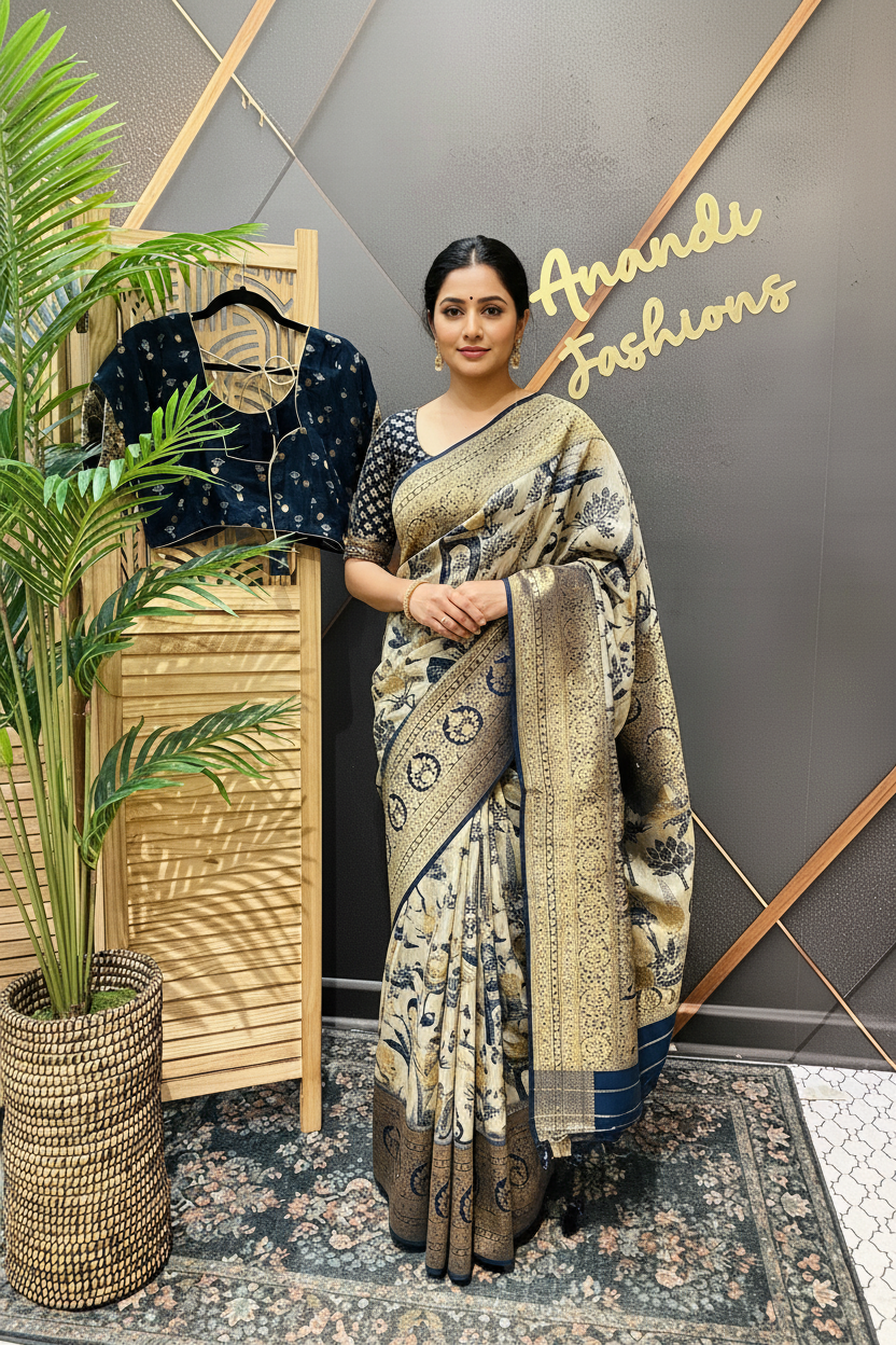 Unique Designer Russian Silk Saree with Stitched blouse - fall pico done