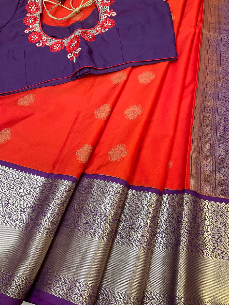 Semi Silk Red with Work Stitched Blouse Embroidered Kanjeevaram Saree