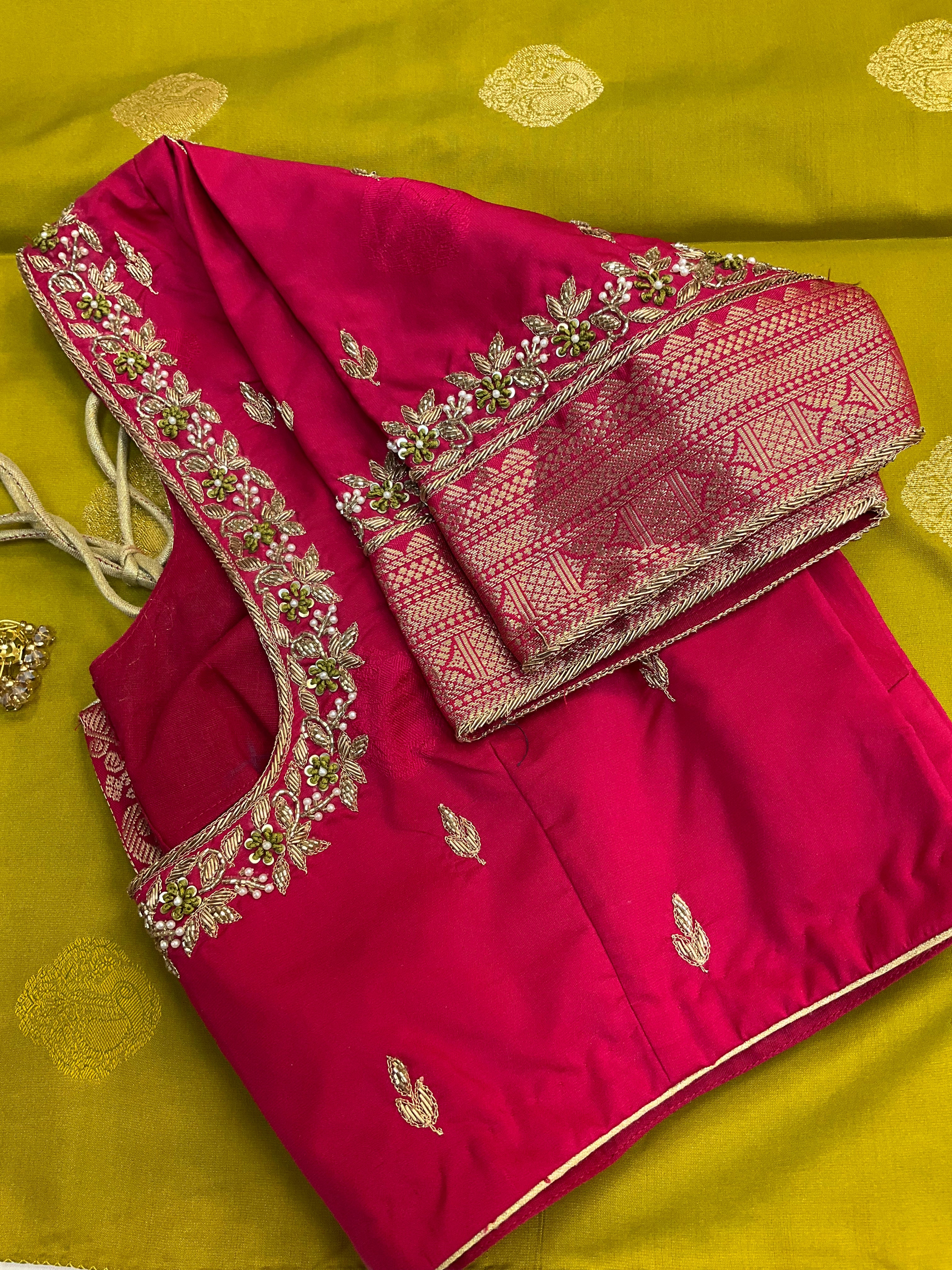 Mehandi green semi kanjeevaram Pattu/Silk saree with maggam work Stitched blouse- Fall Pico done