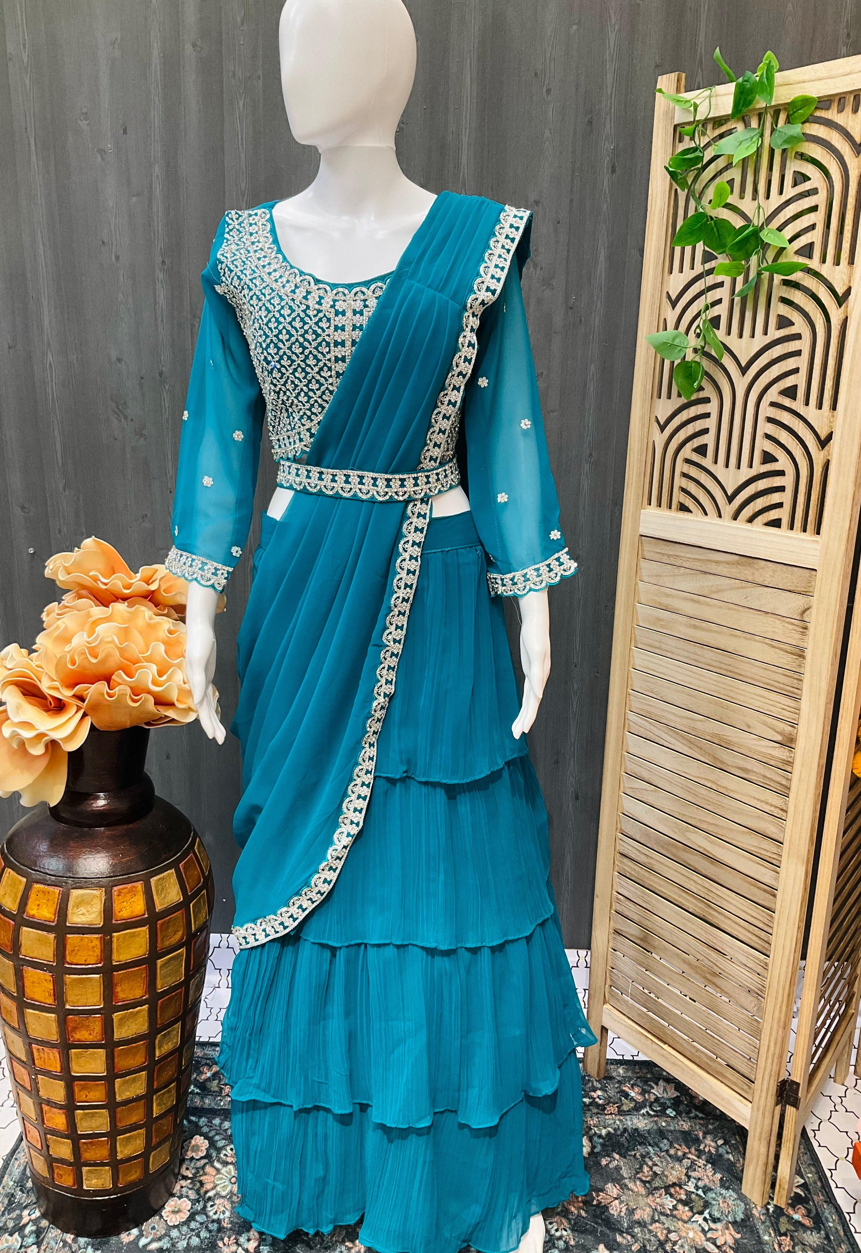 Ready to Wear Saree with Alia Cut Blouse Size 40 - Georgette with Belt