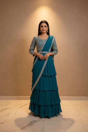 Ready to Wear Saree with Alia Cut Blouse Size 40 - Georgette with Belt