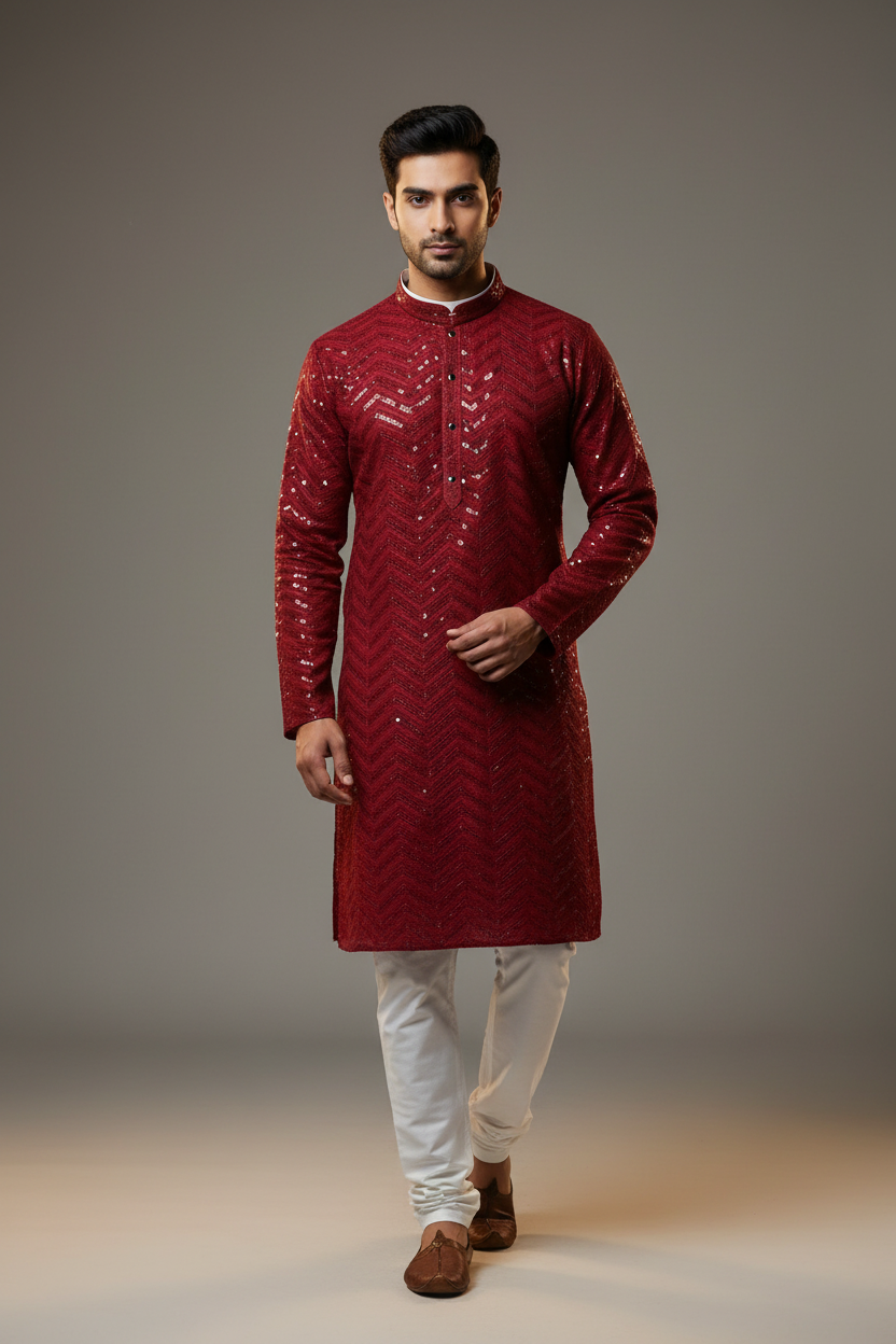 Plus Size Maroon Rayon Chikankari Men’s wear Kurta set