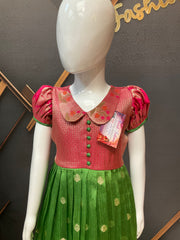 Pink & Green Little Girls Benarasi Long dress