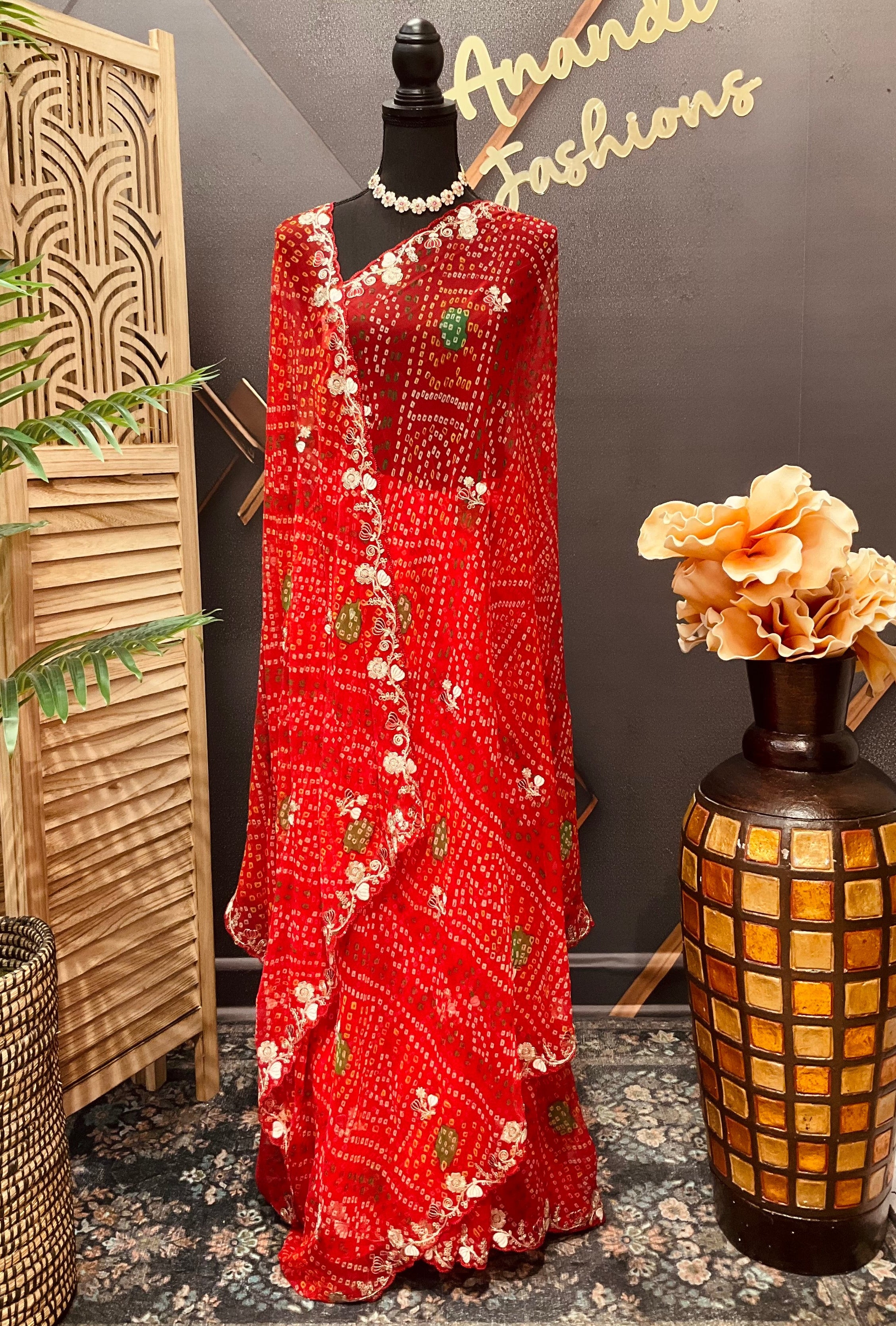 Red Bandhini Georgette saree