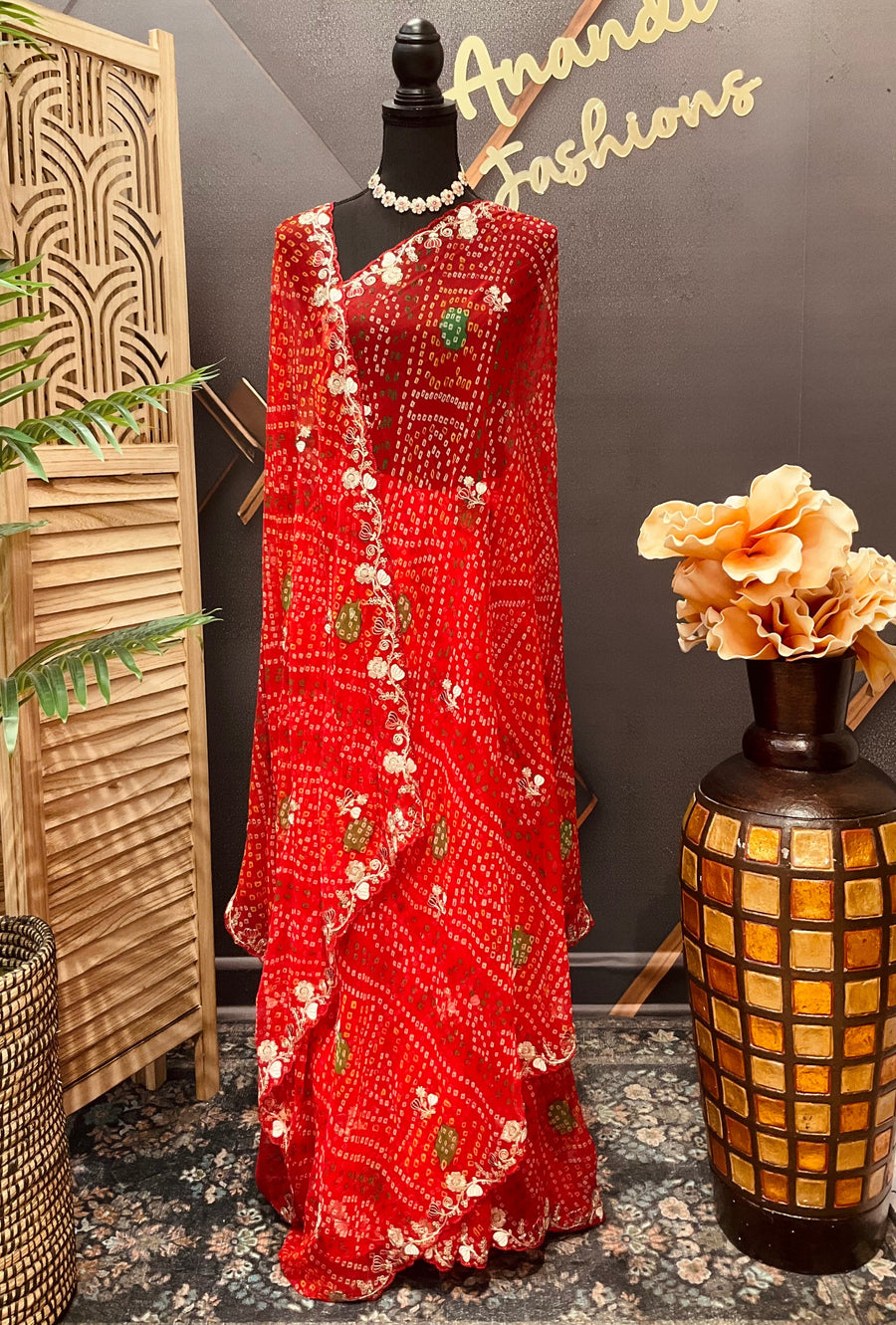 Red Bandhini Georgette Embroidered Saree