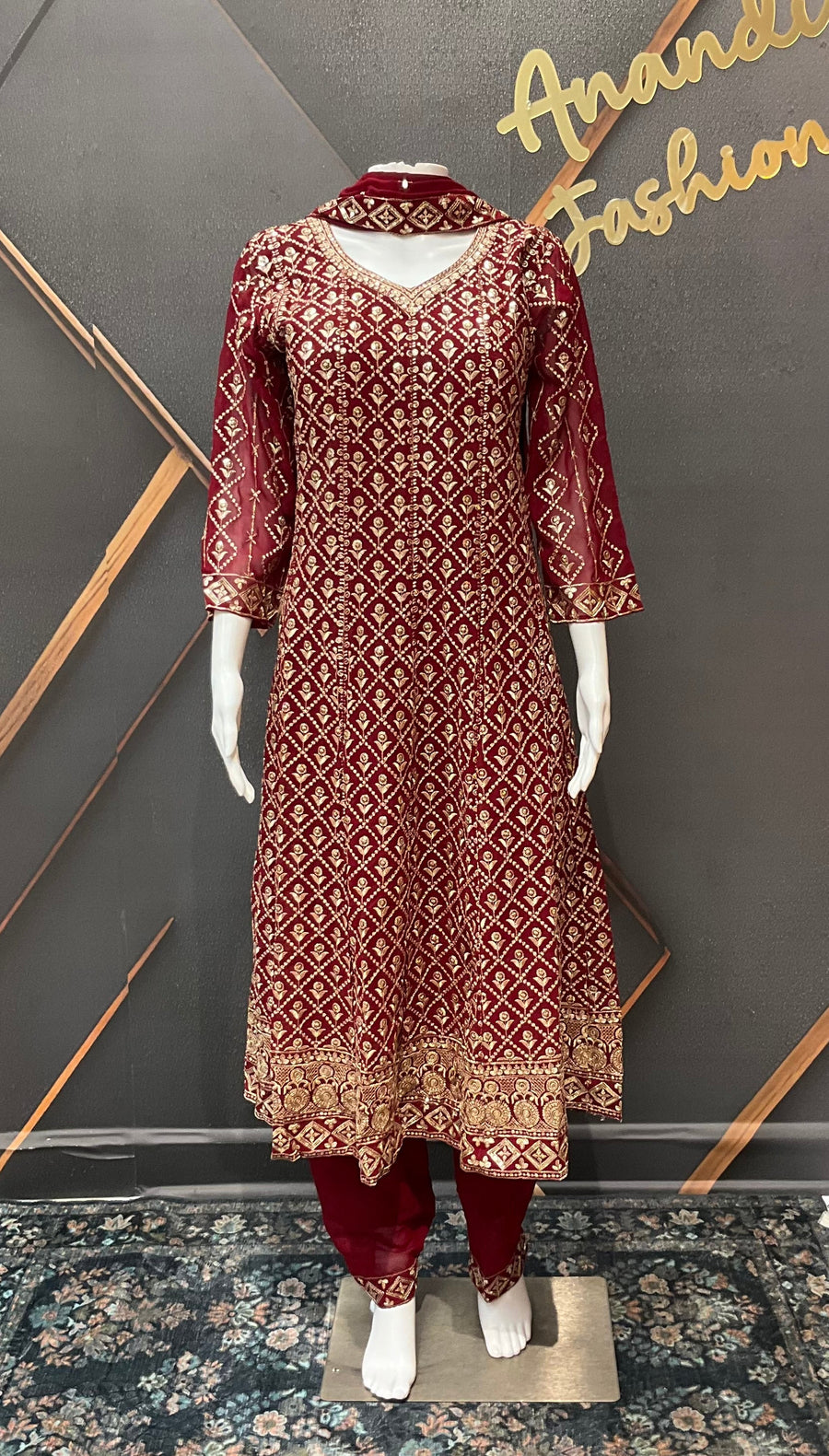 Maroon Georgette Anarkali Model Party Wear Kurti set