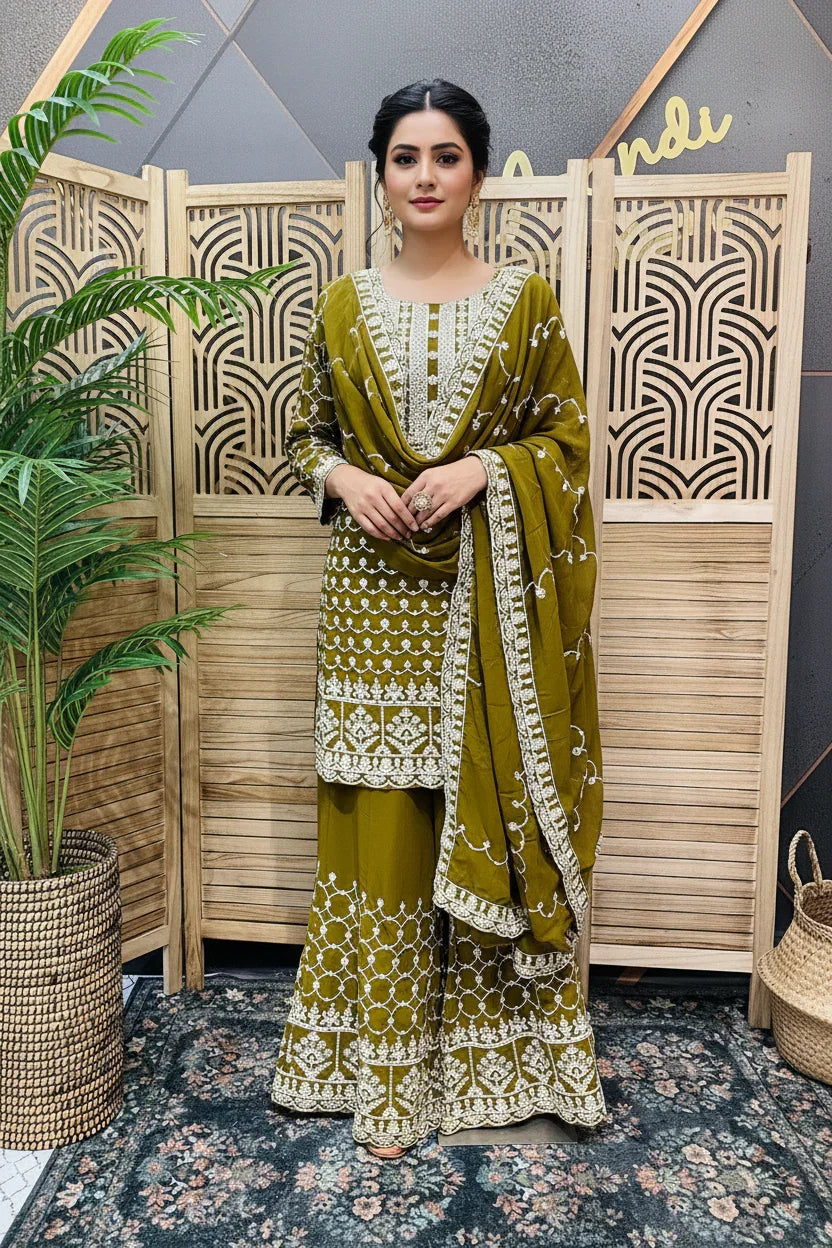 Woman in olive green embroidered Indian ethnic salwar kameez with dupatta, standing indoors by wooden screen