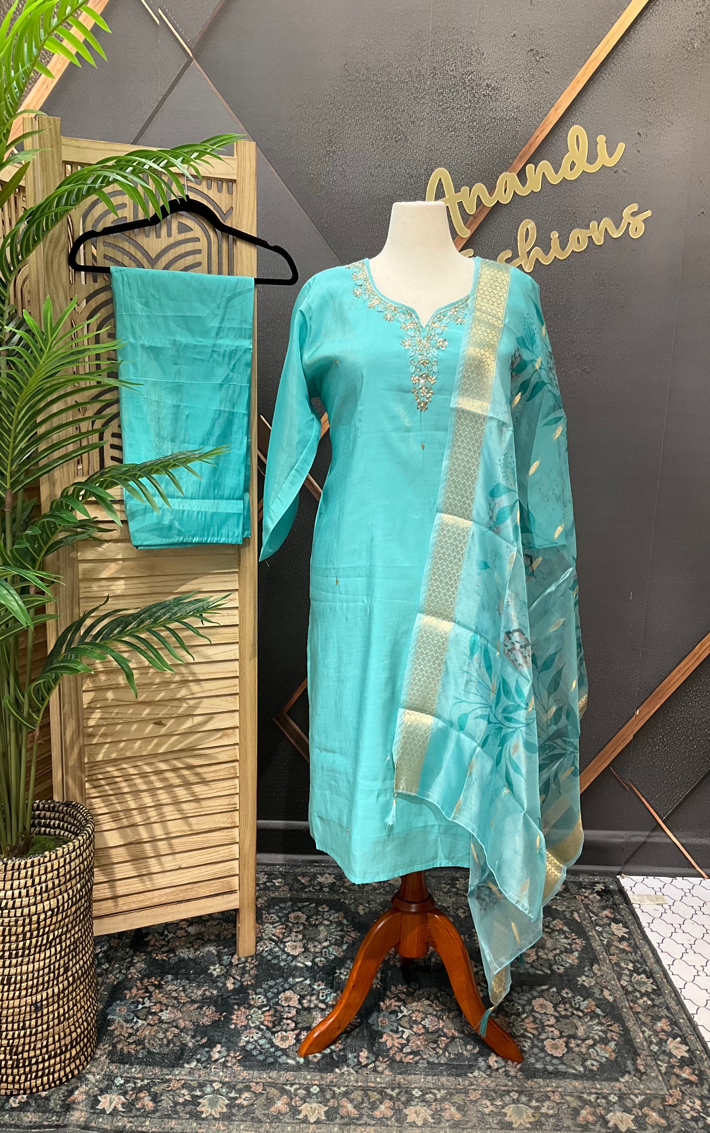 Plus Size - Aqua Blue Shimmery Tissue Party Wear Kurti Set