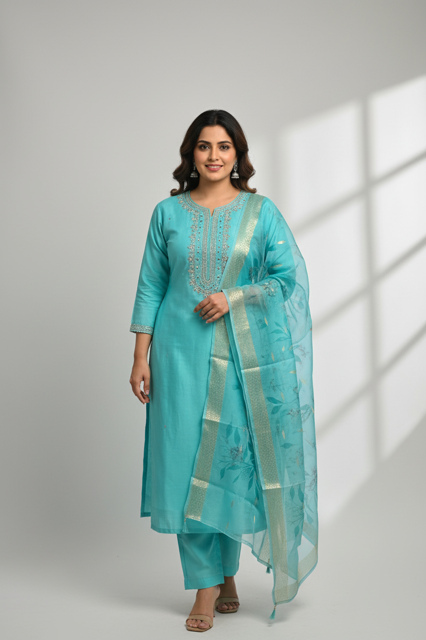 Plus Size - Aqua Blue Shimmery Tissue Party Wear Kurti Set