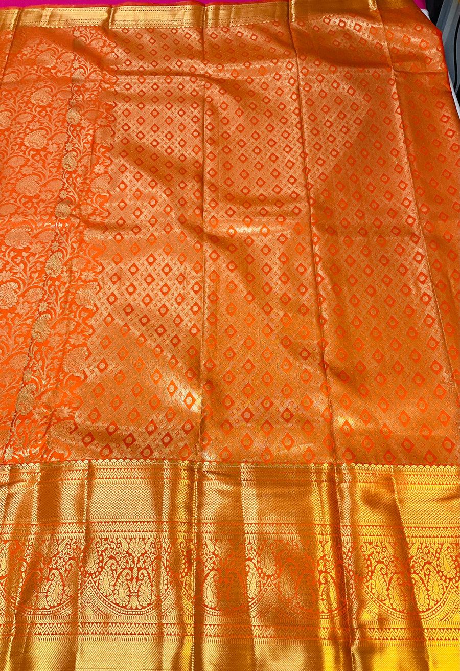 Orange Semi silk Kanjeevaram Saree