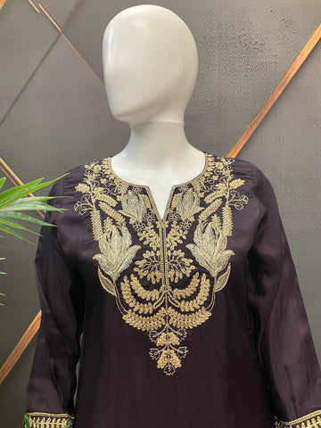 Plum Color Party Wear Palazzo Set - Gold Zari Work