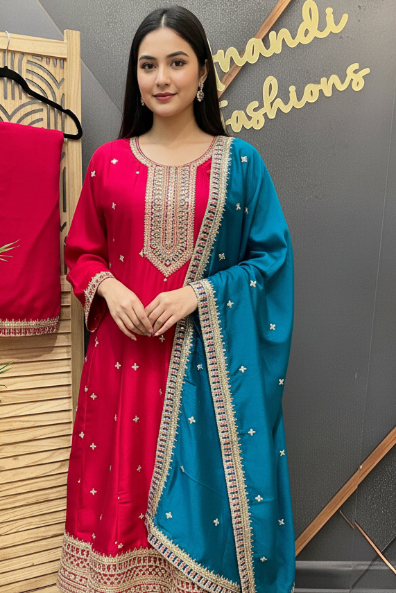 Plus Size Pink Anarkali Kurti Set Size 44/46 - Vichitra Silk Party Wear