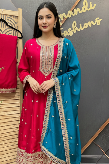 Plus Size Pink Anarkali Kurti Set Size 44/46 - Vichitra Silk Party Wear