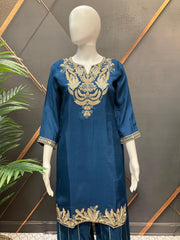 Teal Blue Party Wear Palazzo Set - Gold Zari Lightweight