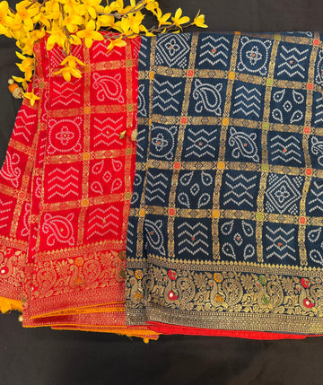 Premium Gharchola Bandhani Saree with Bead Embroidery - Contrast Blouse