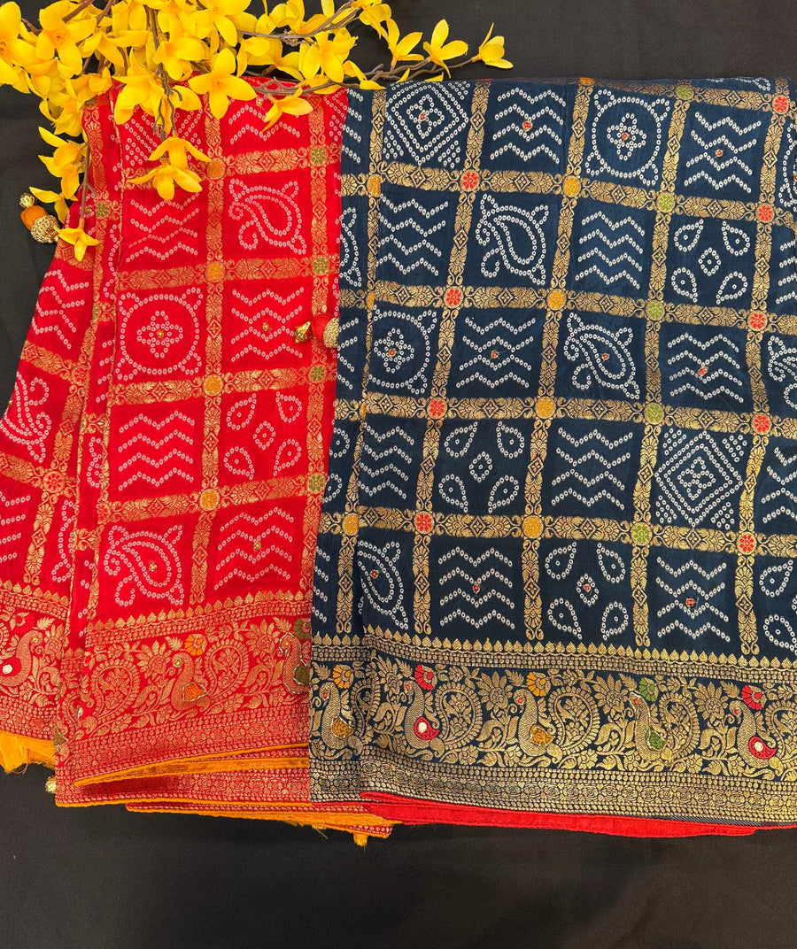 Premium Gharchola Bandhani Saree with Bead Embroidery - Contrast Blouse