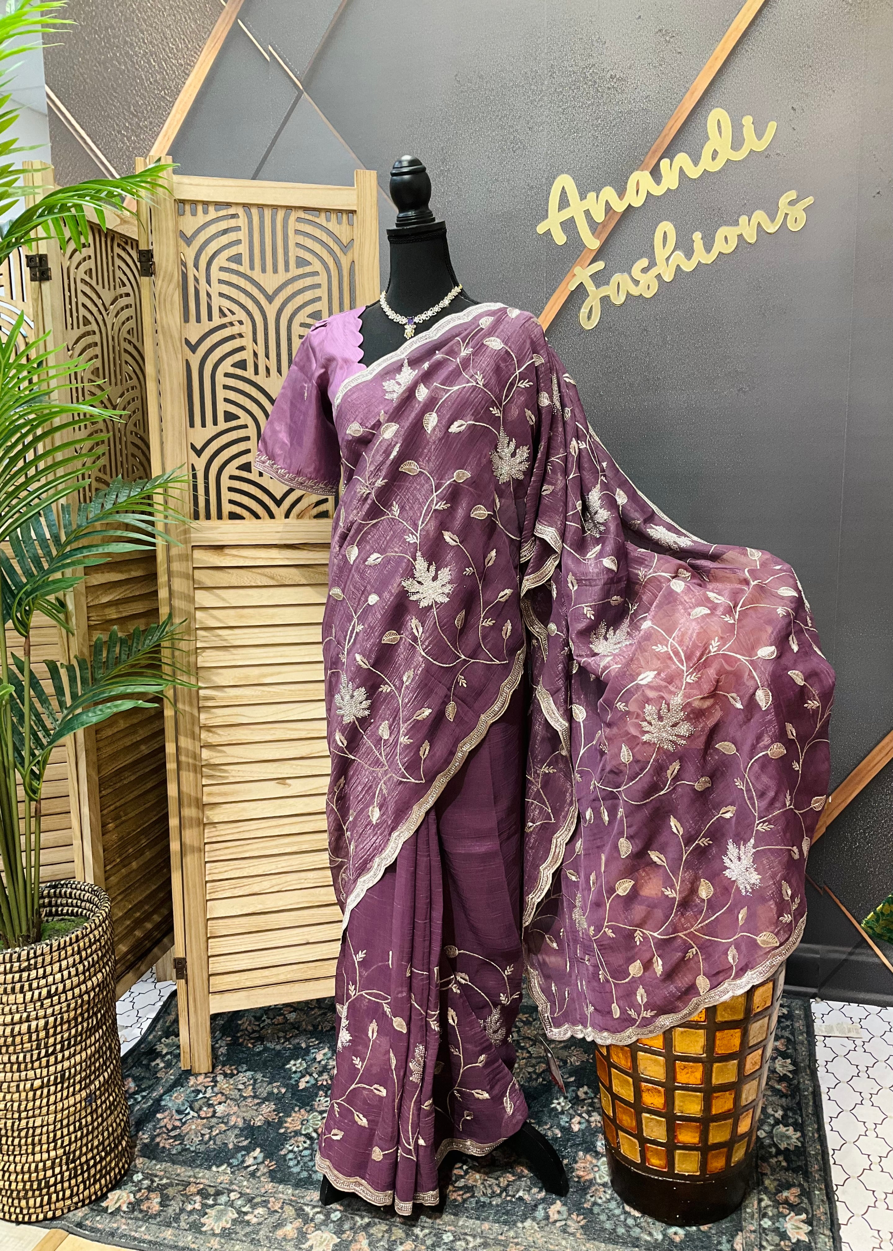 Cocktail Party wear light purple saree with Stitched blouse- fall pico done
