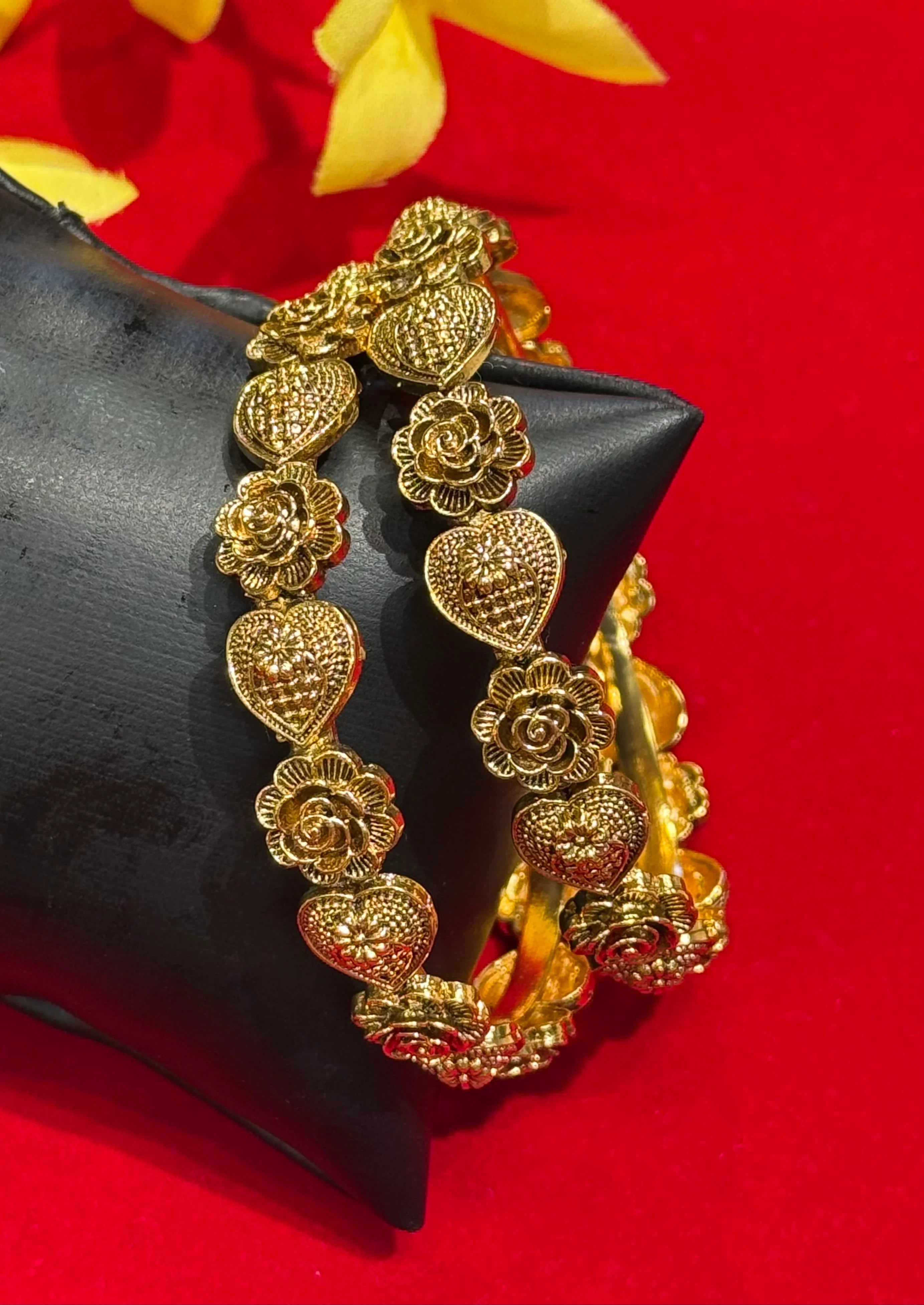 Antique Finish Gold Bangles Set - Pair of 2 Traditional Bangles