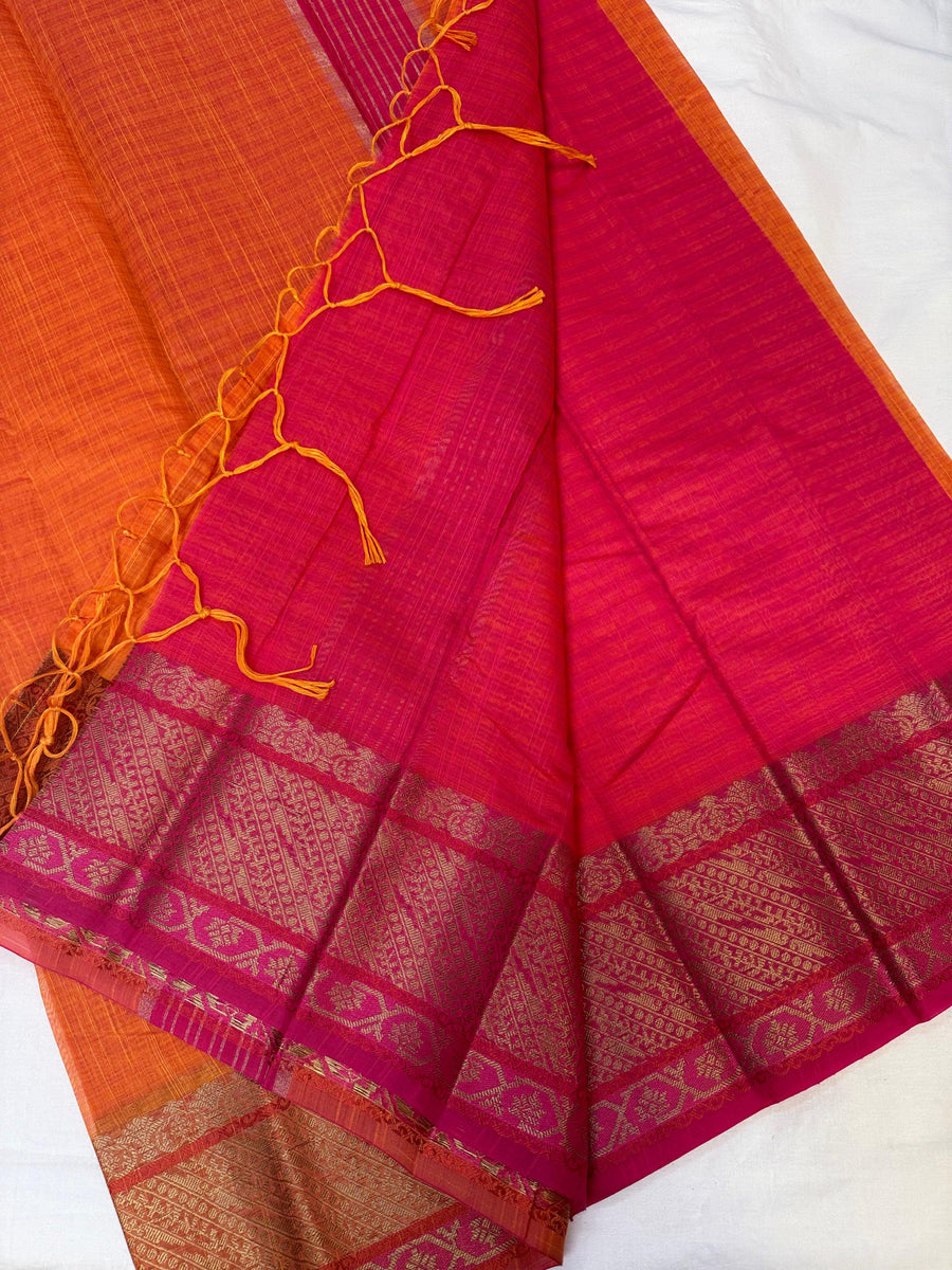 Orange Fancy Jute Saree with Pink Blouse - 6 Inch Border