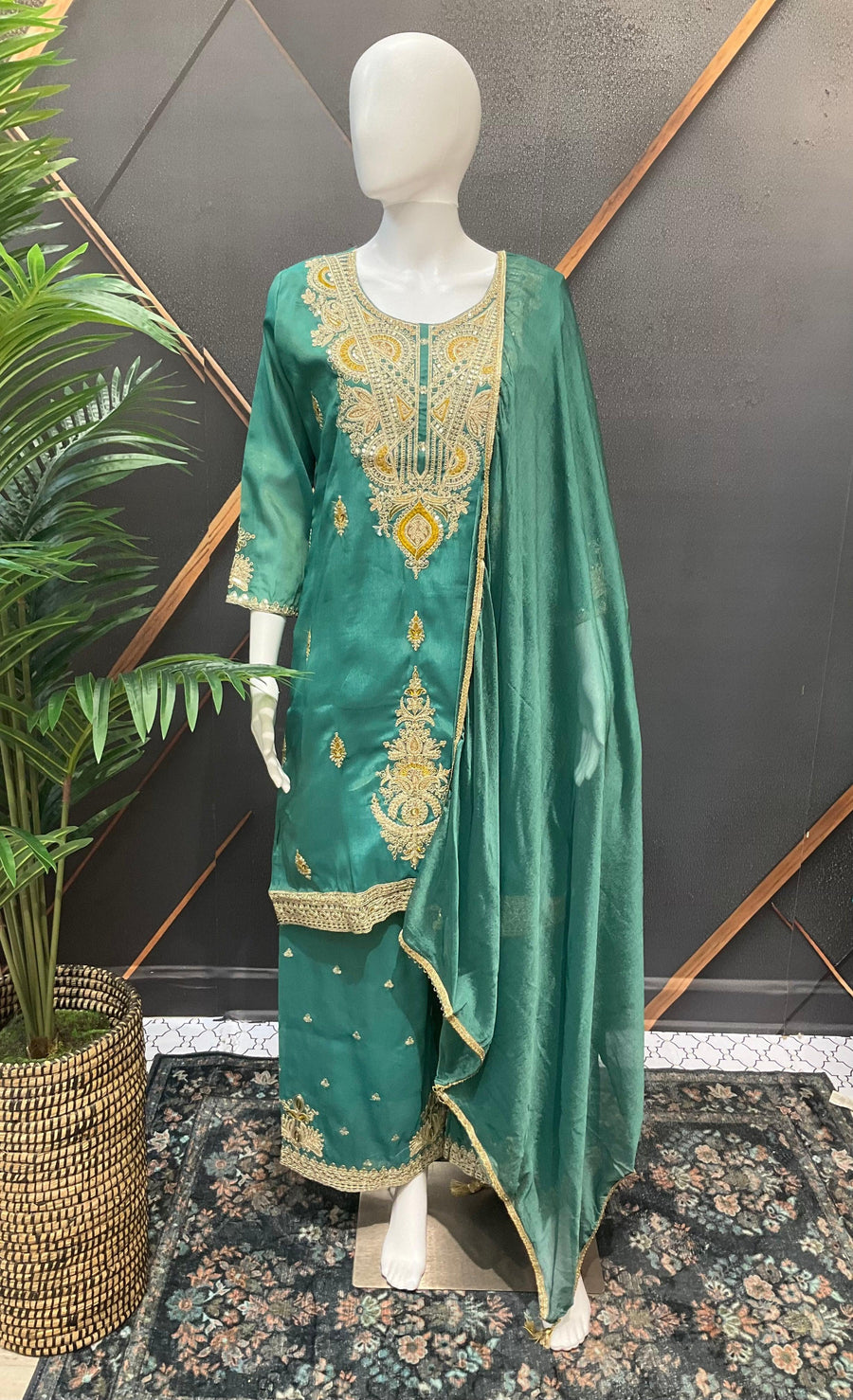 Party Wear Shimmery Silk Palazzo Set - Gold Embroidery