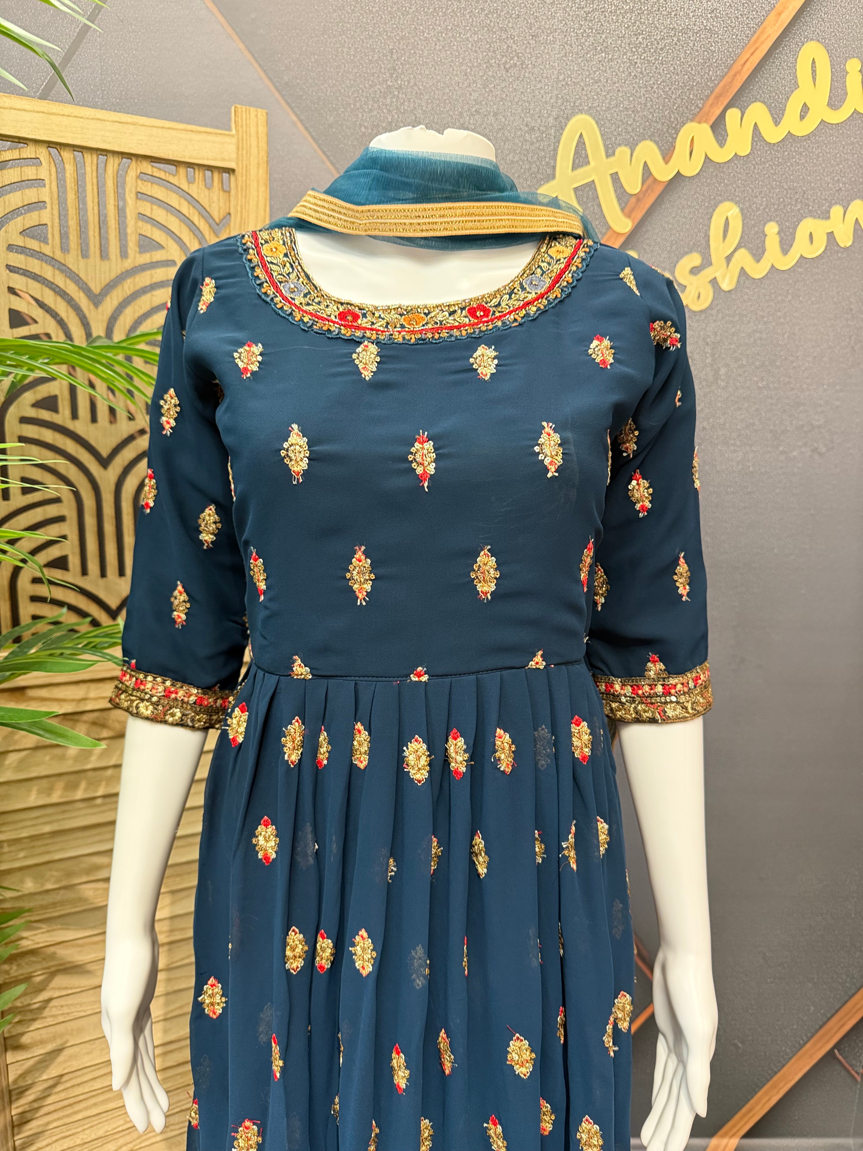 Navy Blue - Teenage Girls - Georgette Long Party Wear Dress