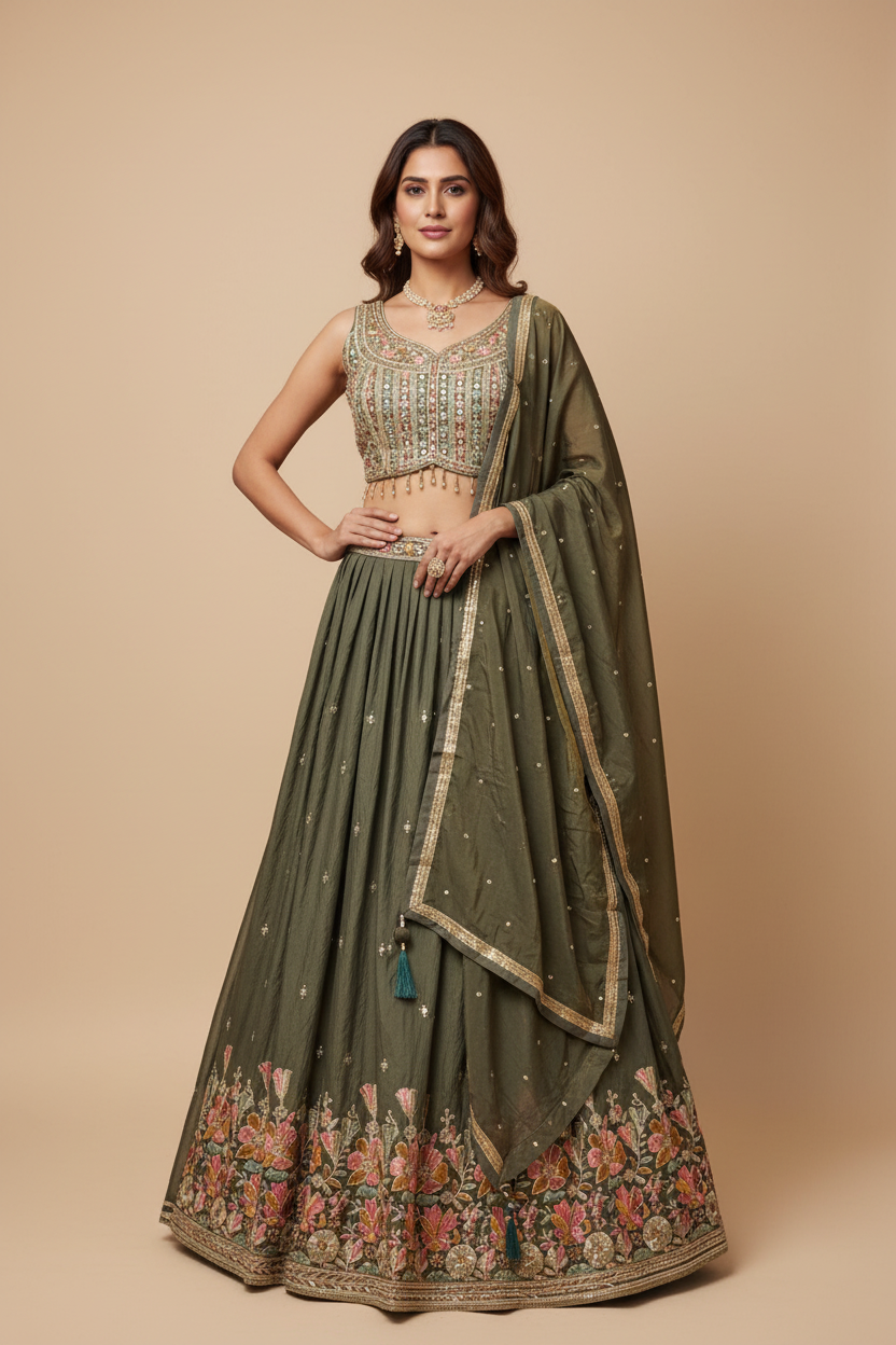 Greyish Green  Party Wear Lehenga set