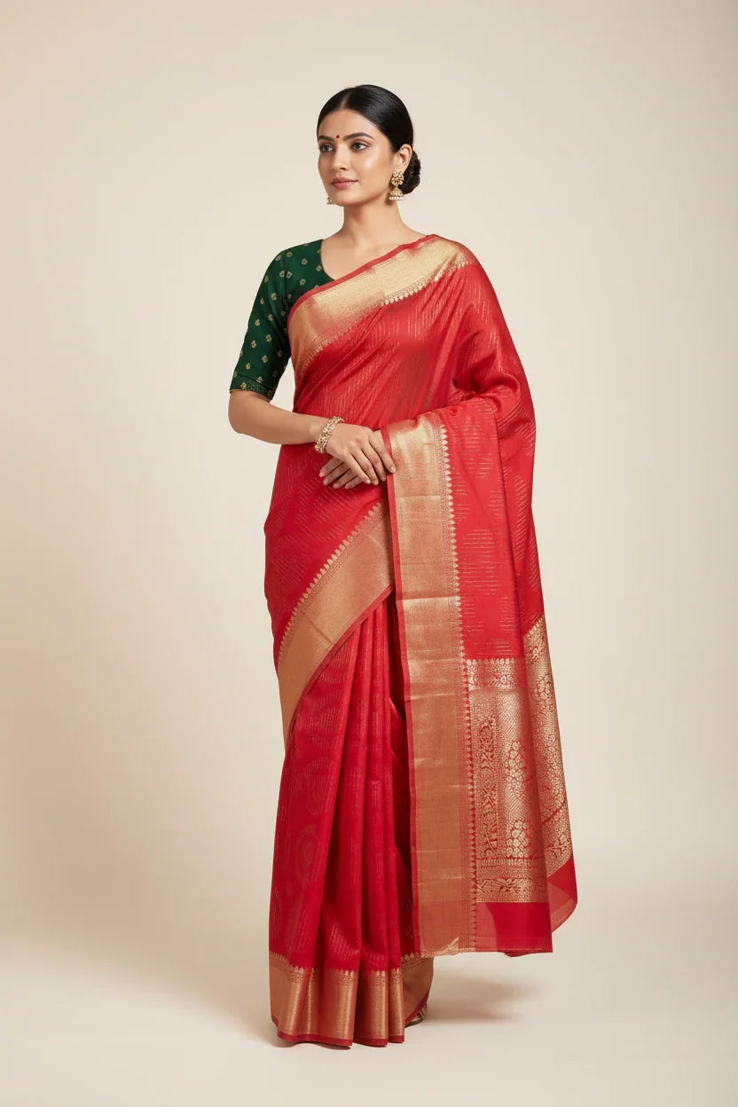 Woman wearing red Banarasi silk saree with gold zari border and green blouse, posing against plain beige background