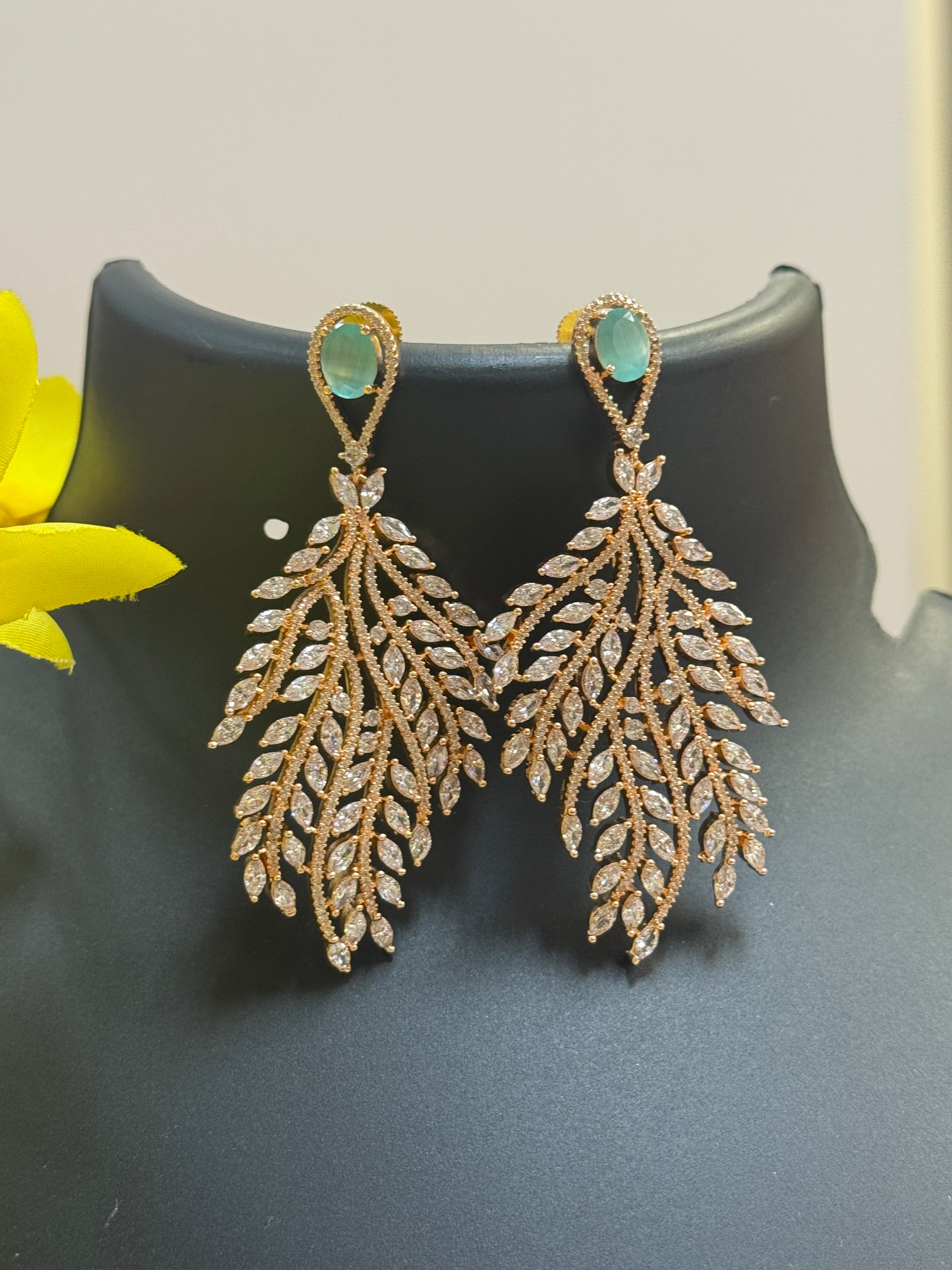 Party Wear Rose Gold Long Earrings - Mint Green Stone