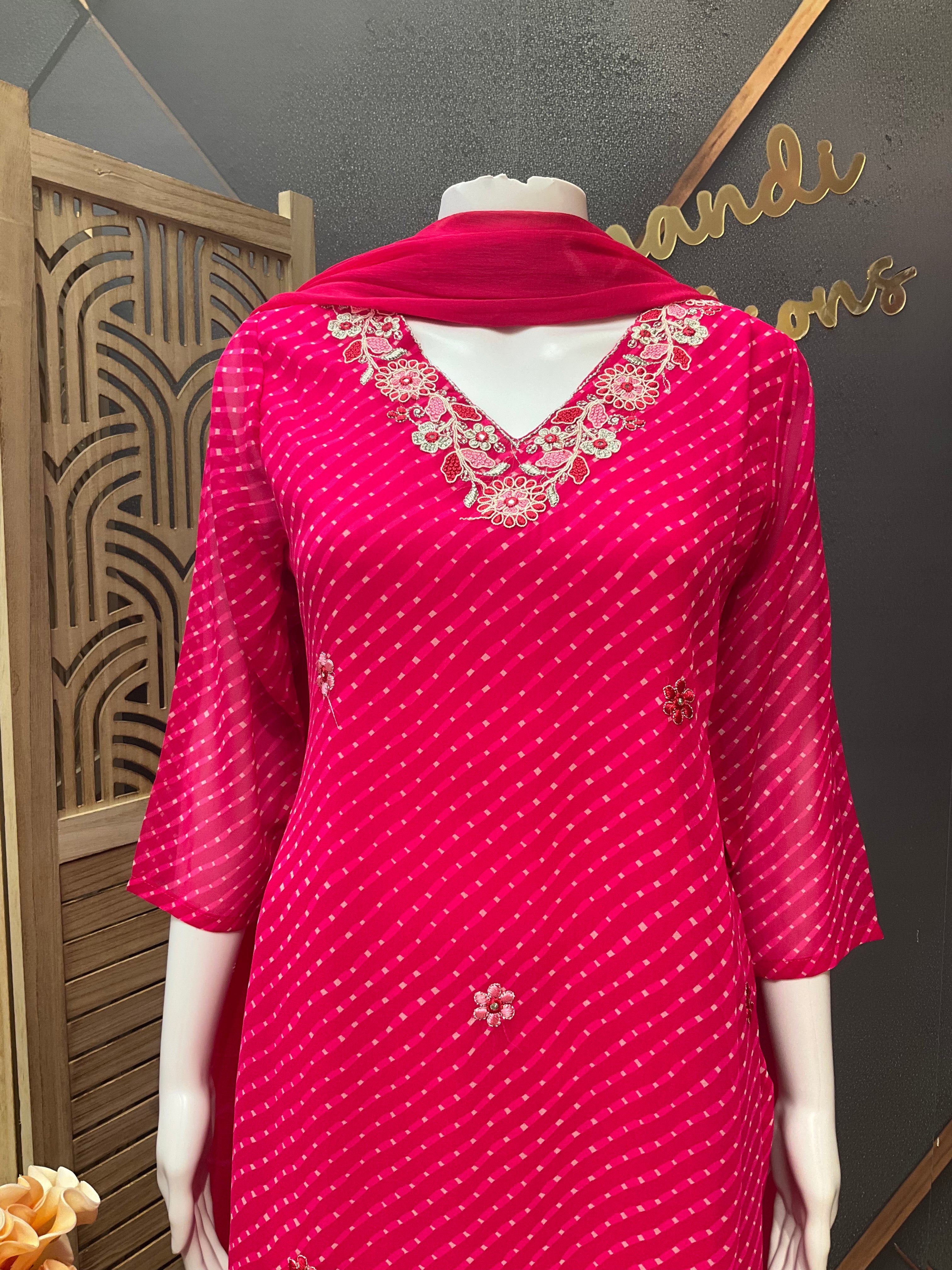 Pink Leheriya Georgette Kurti set