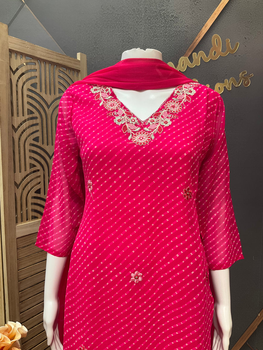 Pink Leheriya Georgette Kurti set