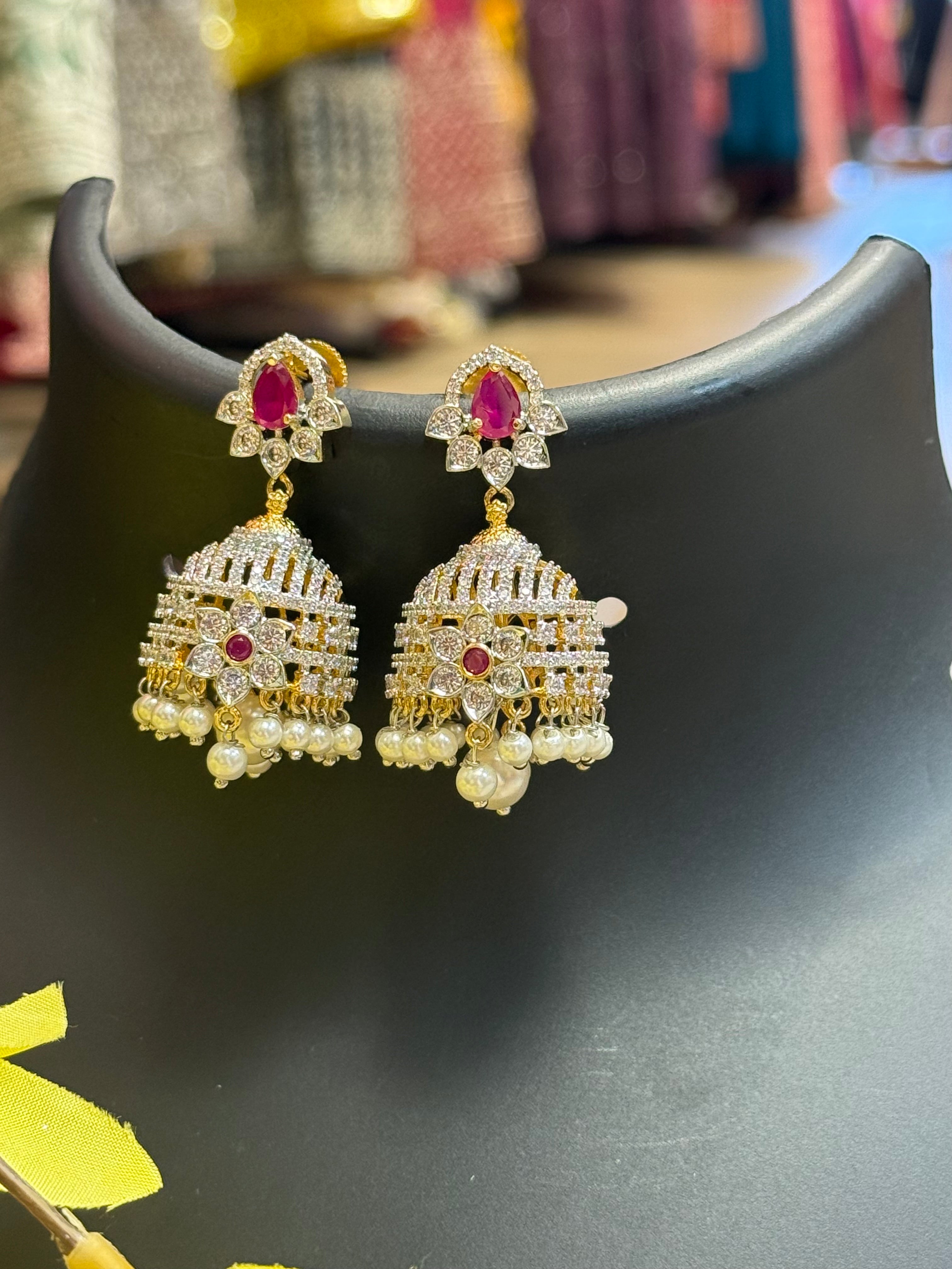 Beautiful CZ Jhumkas with Ruby Stone