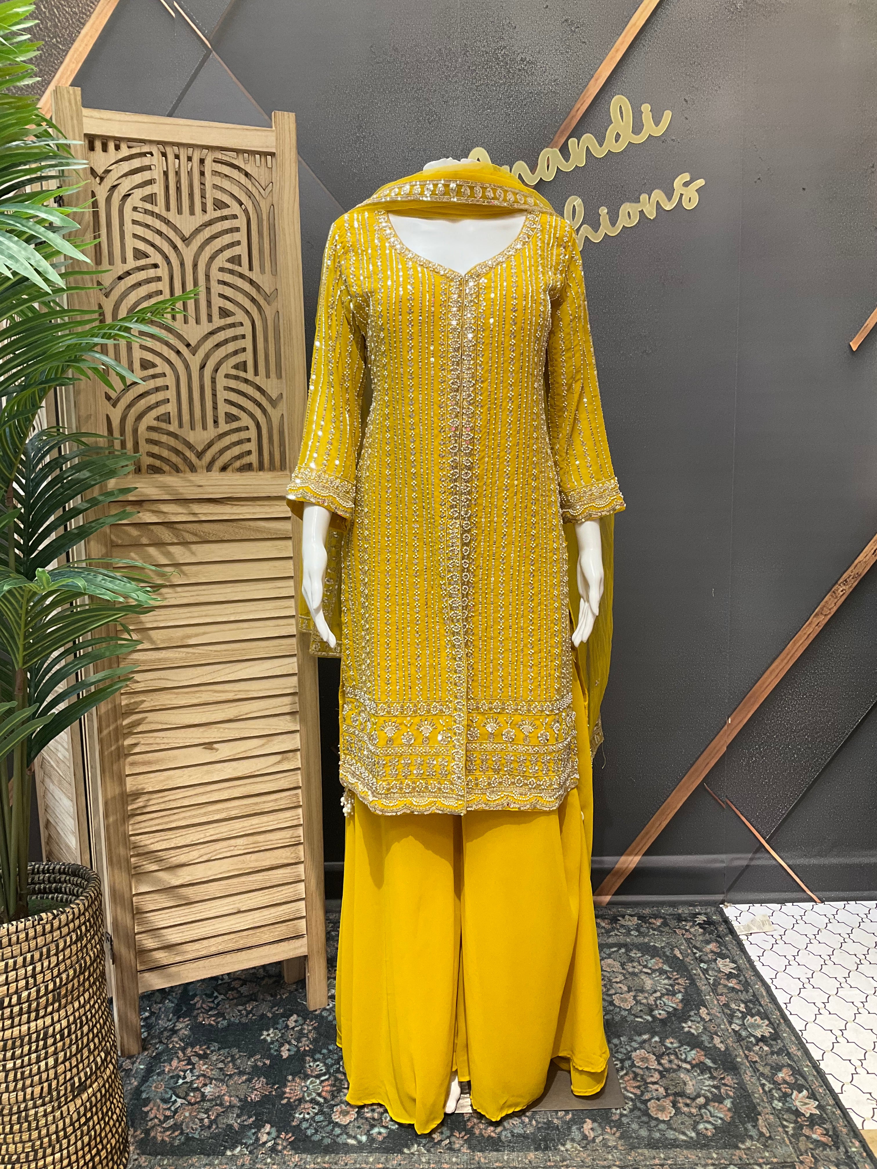 Size 38/Indian M - Party Wear Yellow Georgette Palazzo/Sharara set