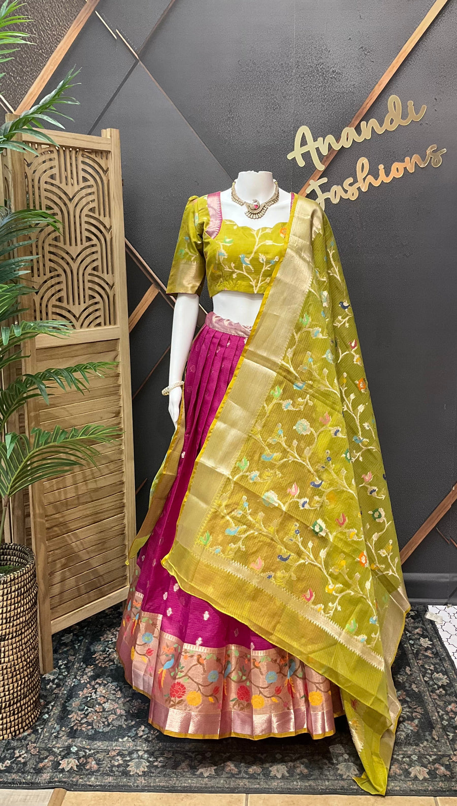 Pink & Green Silk Kota Half Saree set