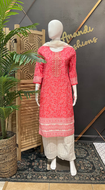 Neon Pink - Cotton Chikankari Kurti set