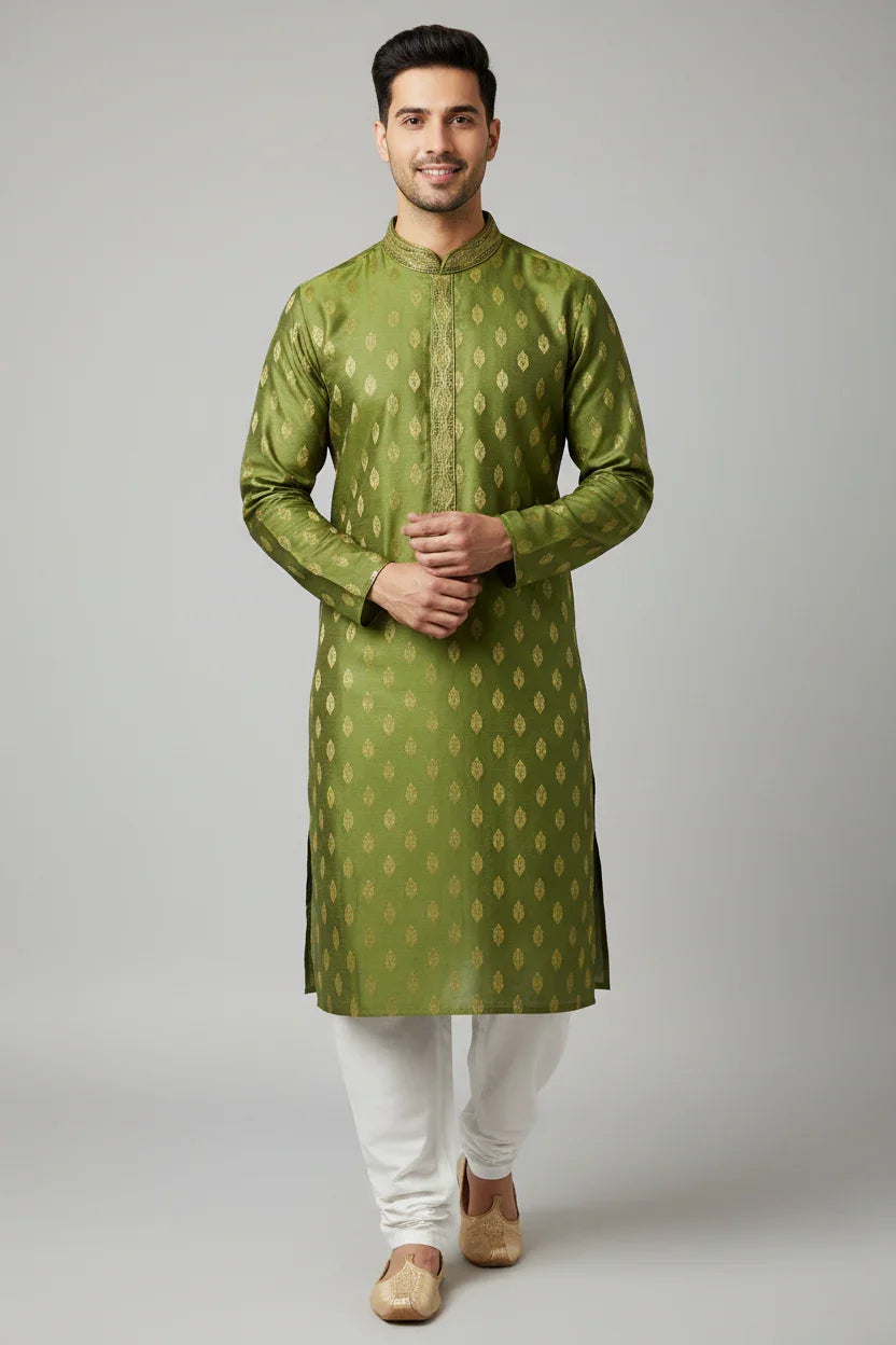 Man wearing green Indian ethnic kurta with gold motifs, white churidar pants, and traditional beige footwear