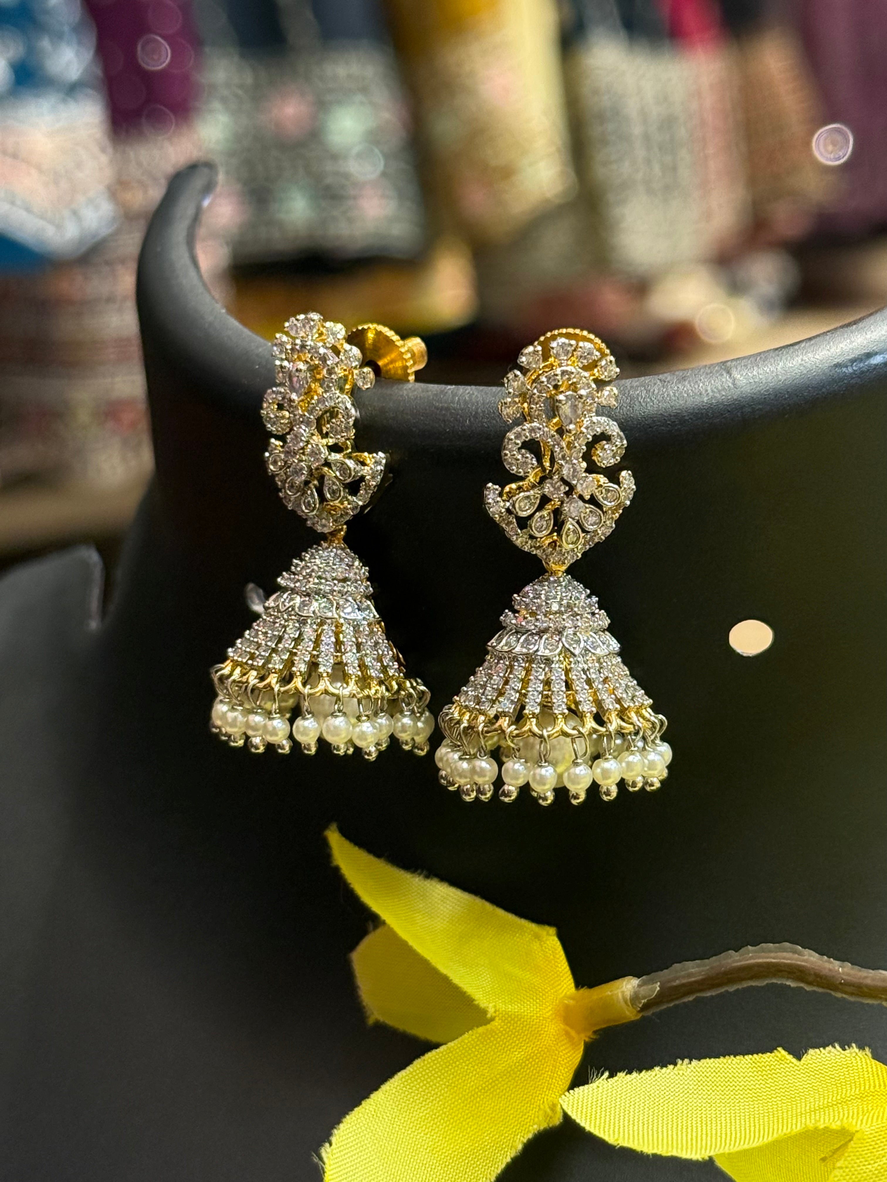 CZ White Stone Jhumkas/Earrings
