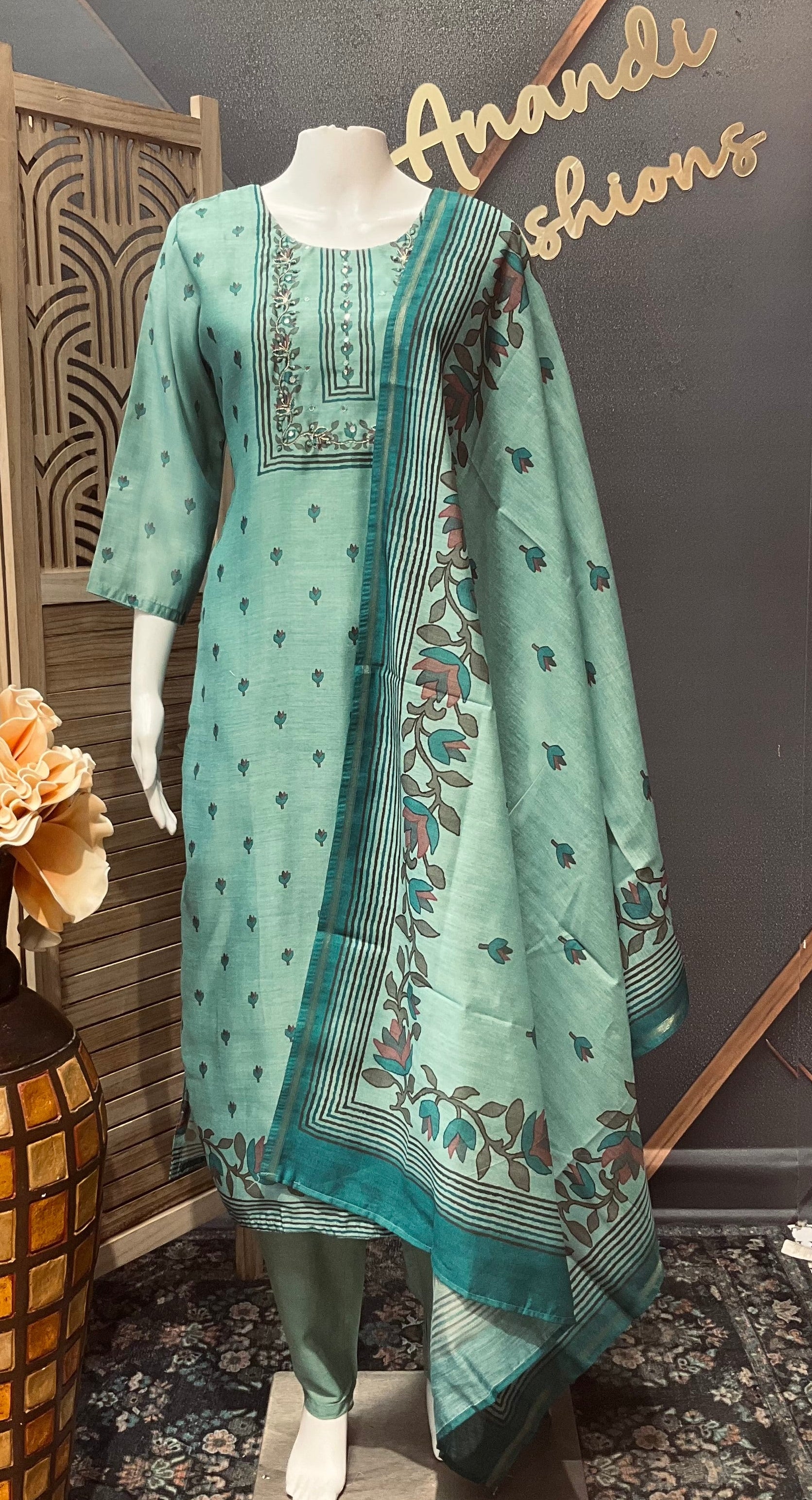 Pastel Blue Cotton Chanderi Silk Kurti set