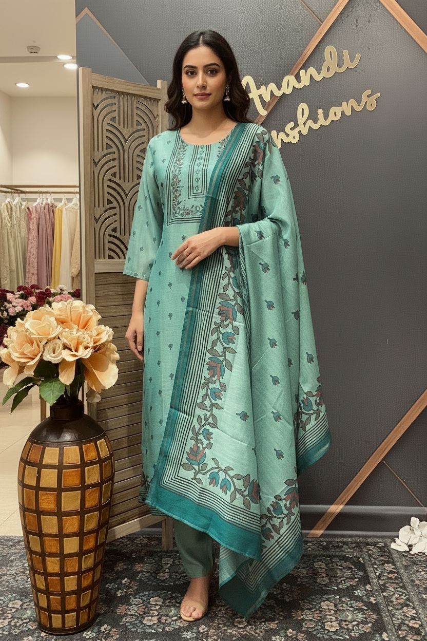 Pastel Blue Cotton Chanderi Silk Kurti set