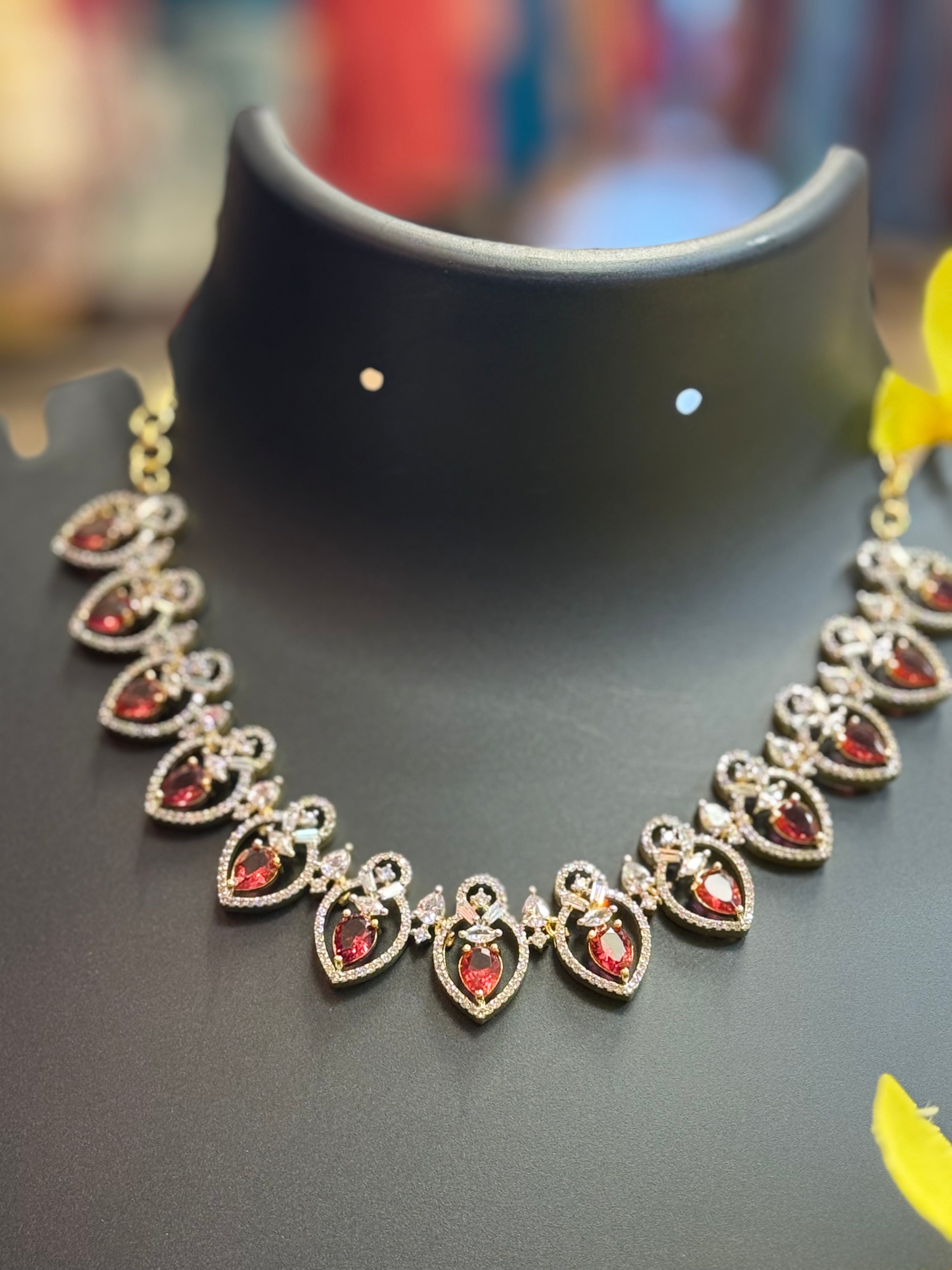 Party Wear - CZ Necklace set with Red Stones