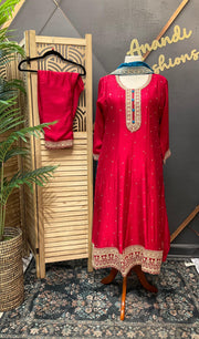 Plus Size Red Anarkali Kurti Set Size 46/48 - Vichitra Silk with Blue Dupatta