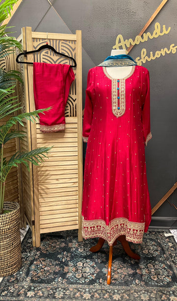 Plus Size Red Anarkali Kurti Set Size 46/48 - Vichitra Silk with Blue Dupatta