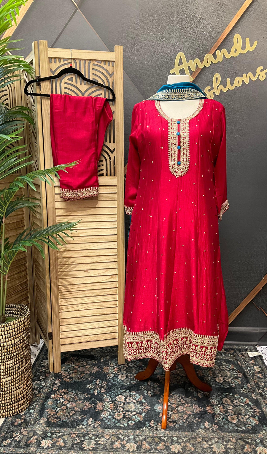 Plus Size Red Anarkali Kurti Set Size 46/48 - Vichitra Silk with Blue Dupatta