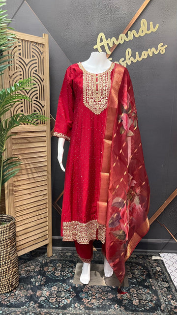 Red Party Wear Anarkali Kurti Set Size 42/44 - Roman Silk with Floral Dupatta