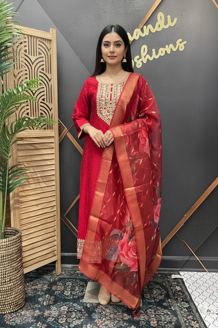 Red Party Wear Anarkali Kurti Set Size 42/44 - Roman Silk with Floral Dupatta