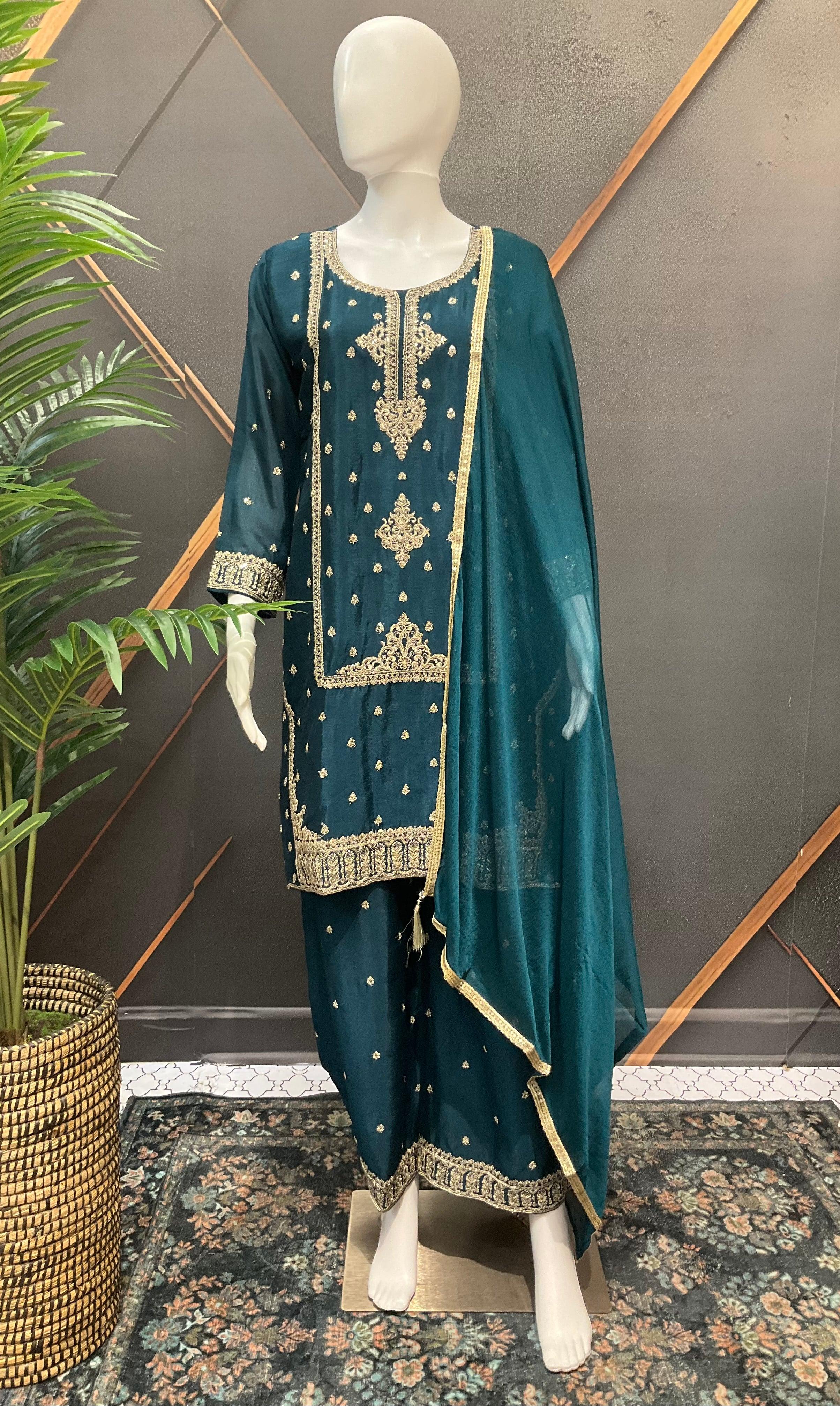 Peacock Blue Party Wear Palazzo Set - Elegant Ethnic Wear